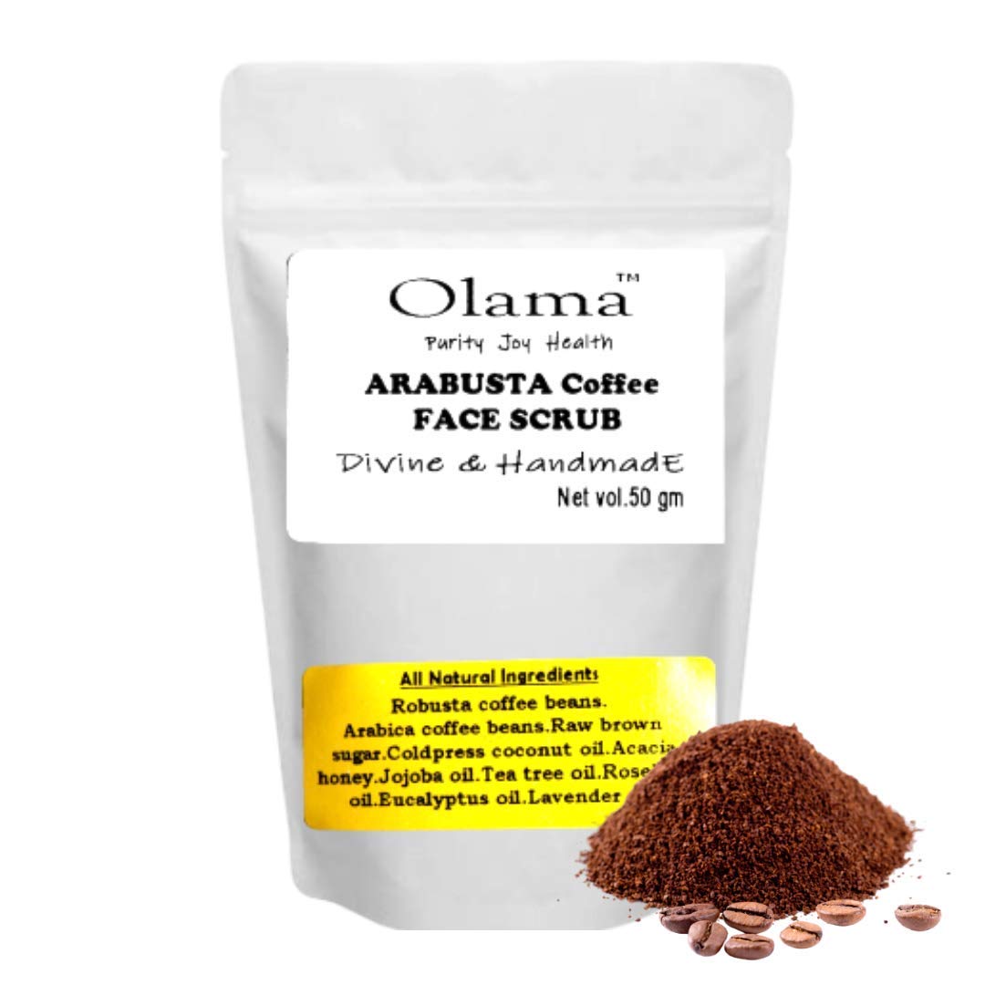 Olama Coffee & Honey Face Scrub - Divine & Handmade Arabusta Coffee Scrub with Sugar, Jojoba Oil, Rosehip Oil, Almond Oil & Virgin Coconut Oil - Luxury Paraben & SLS Free Facial Exfoliator (50g) - Perfect for Glowing Skin & Spa Day Self-Care
