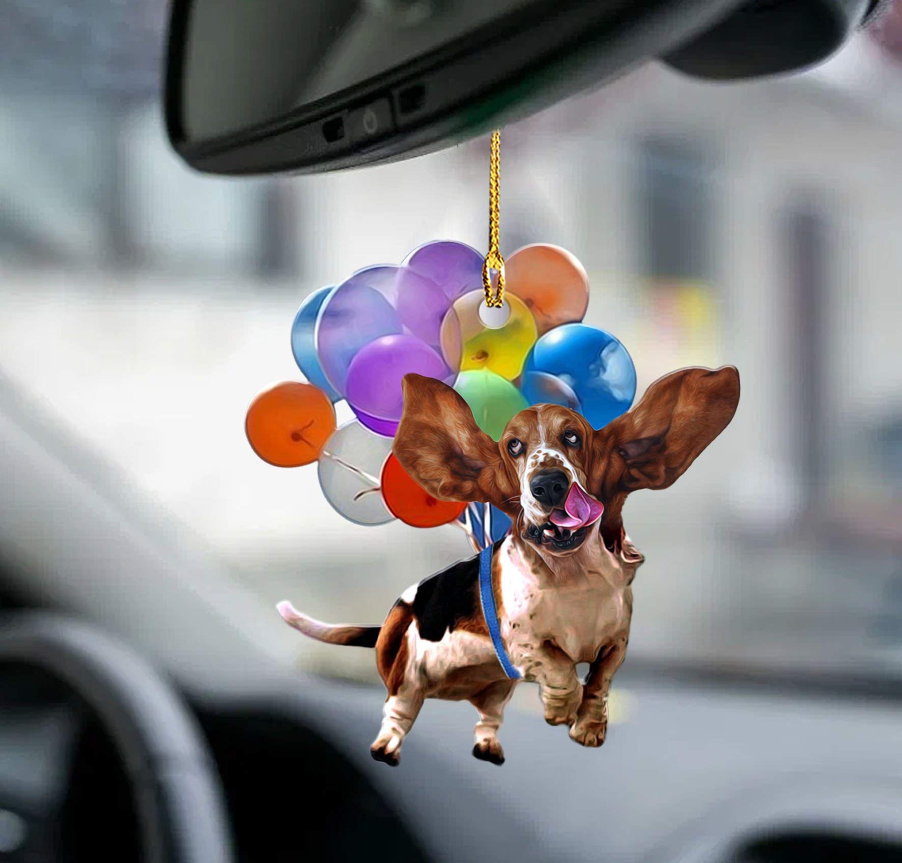 Basset Hound Dog Flying with Bubbles Car Hanging Ornament - 2-Sided Mica Decor with Colorful Balloons - Perfect Gift for Dog Lovers & Basset Hound Moms - Great for Car Rearview Mirror or Home Decoration