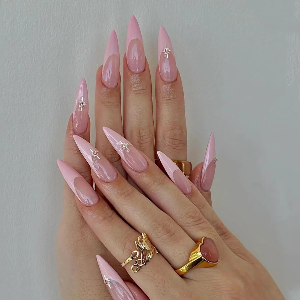 24Pcs Short Pink Fake Nails with French Gradient Design - Almond Shaped Press on Nails with Golden Stripe Detachable Tips for Women | Perfect for Parties, Weddings, and Daily Wear