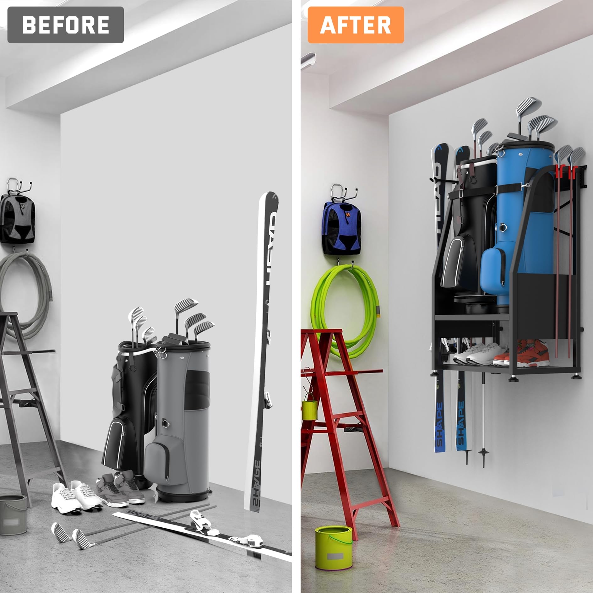 Wall Mount Golf Bag Organizer - Heavy Duty 2 Bag Storage Rack for Golf Clubs & Accessories - Space Saving Garage, Basement, Shed Organization - Perfect for Golf Enthusiasts & Home Storage Solutions