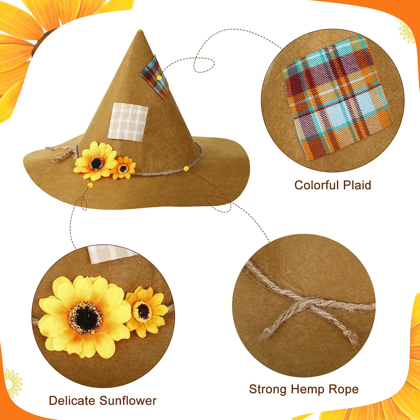 SATINIOR 2-Pack Scarecrow Hats with Sunflower Design - Felt Witch Costume Hats for Halloween, Cosplay & Themed Parties - Perfect for Fall Festivals, Pumpkin Patches & Outdoor Decor