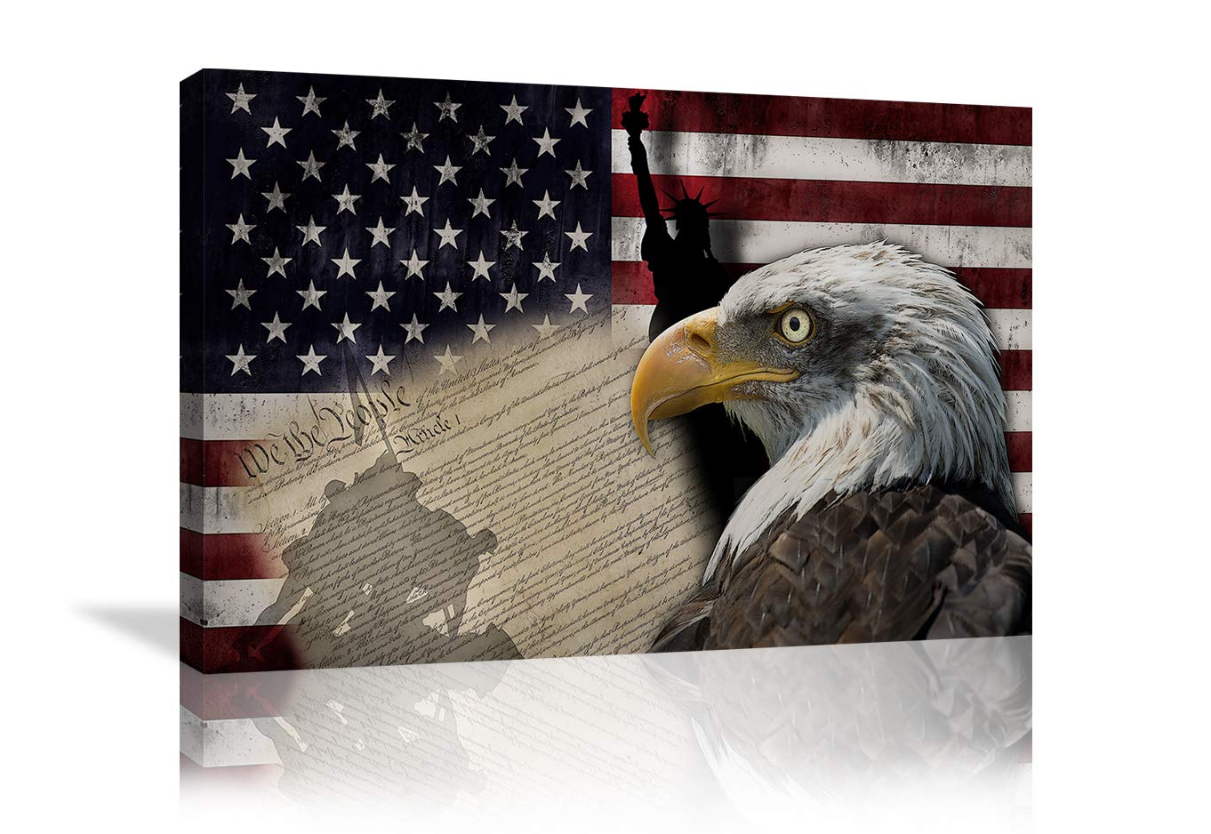 Patriotic American Flag & Bald Eagle Canvas Wall Art - Statue of Liberty & US Declaration of Independence Painting - Framed Ready to Hang Home Decor for Living Room, Office & Man Cave - Perfect for Fourth of July & Veterans Day Decorations