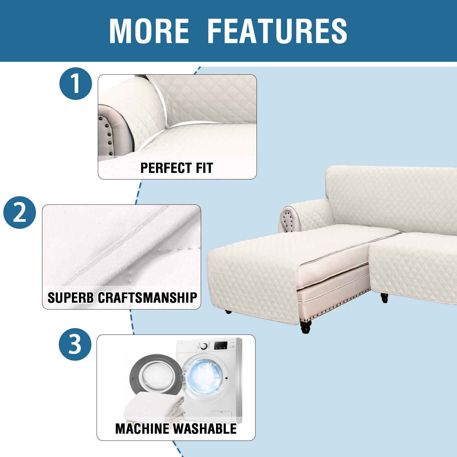 Reversible L-Shaped Sofa Slipcover - Stretchable Sectional Couch Cover with Chaise Lounge Protector | Corner Sofa Cover for Pets & Furniture Protection (White, Large) | Perfect for Living Room, Family Room & Pet-Friendly Homes