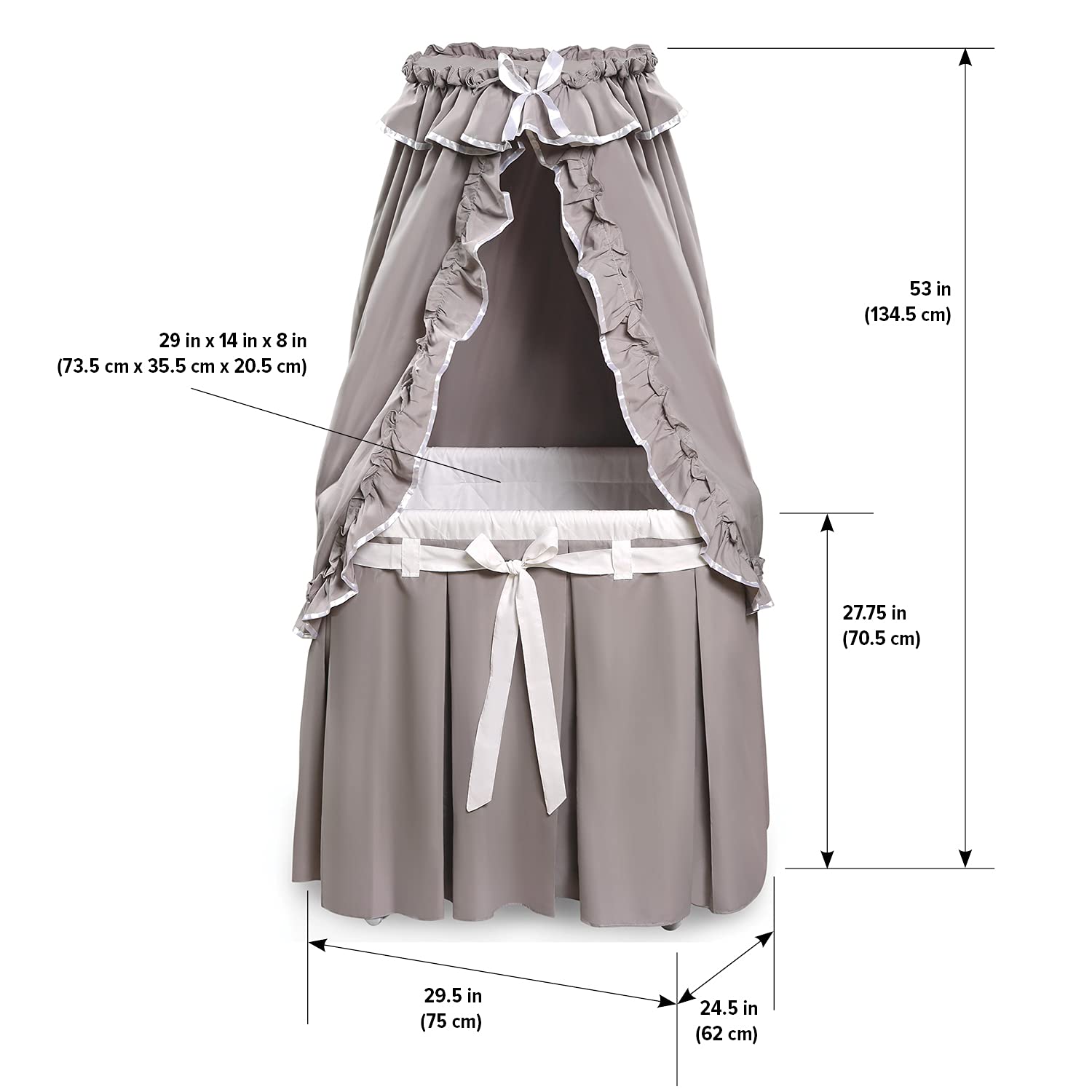 **Badger Basket Majesty Canopy Bassinet – Rocking Baby Cradle Bed with Mattress, Bedding & Storage – Oval Gray/White – Perfect for Nursery, Bedroom & Travel**