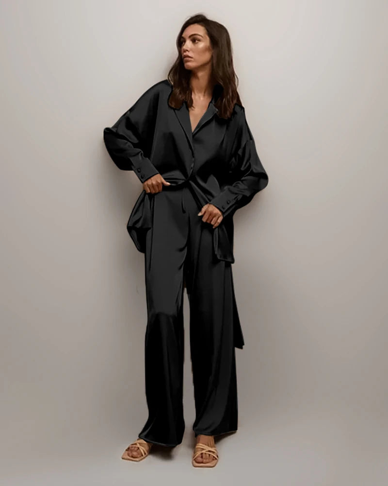 Luxury Oversized Silk Pajama Set for Women with Adjustable Belt - Soft Comfortable Sleepwear for Nighttime Relaxation & Spa Days