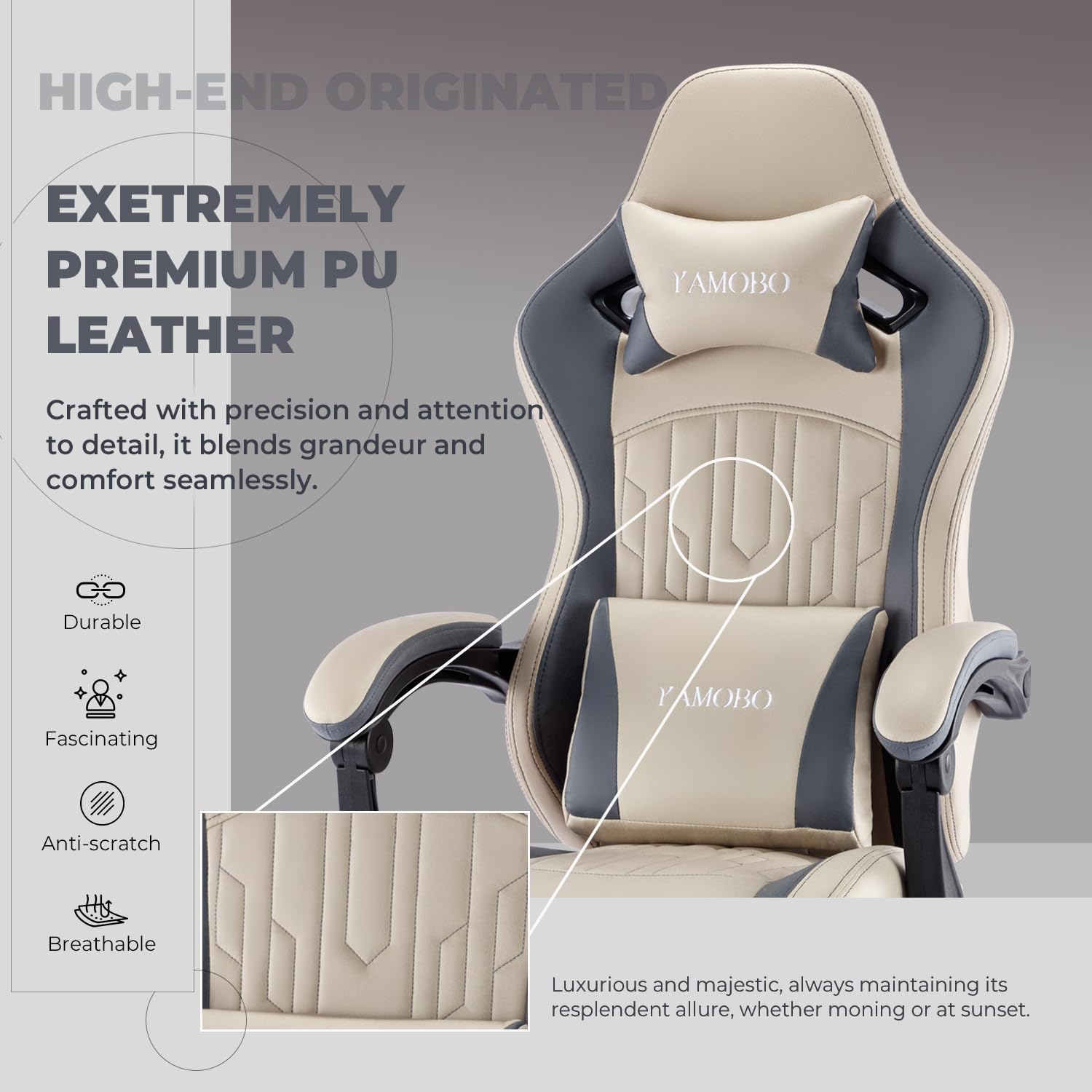 Premium Ergonomic Gaming Chair with Adjustable Footrest & Massage Lumbar Support - High Back PC Gamer Chair for Adults with Reclining Function & Linkage Armrests - Big and Tall Comfort for Long Gaming Sessions, Office Work & Home Entertainment - Beige