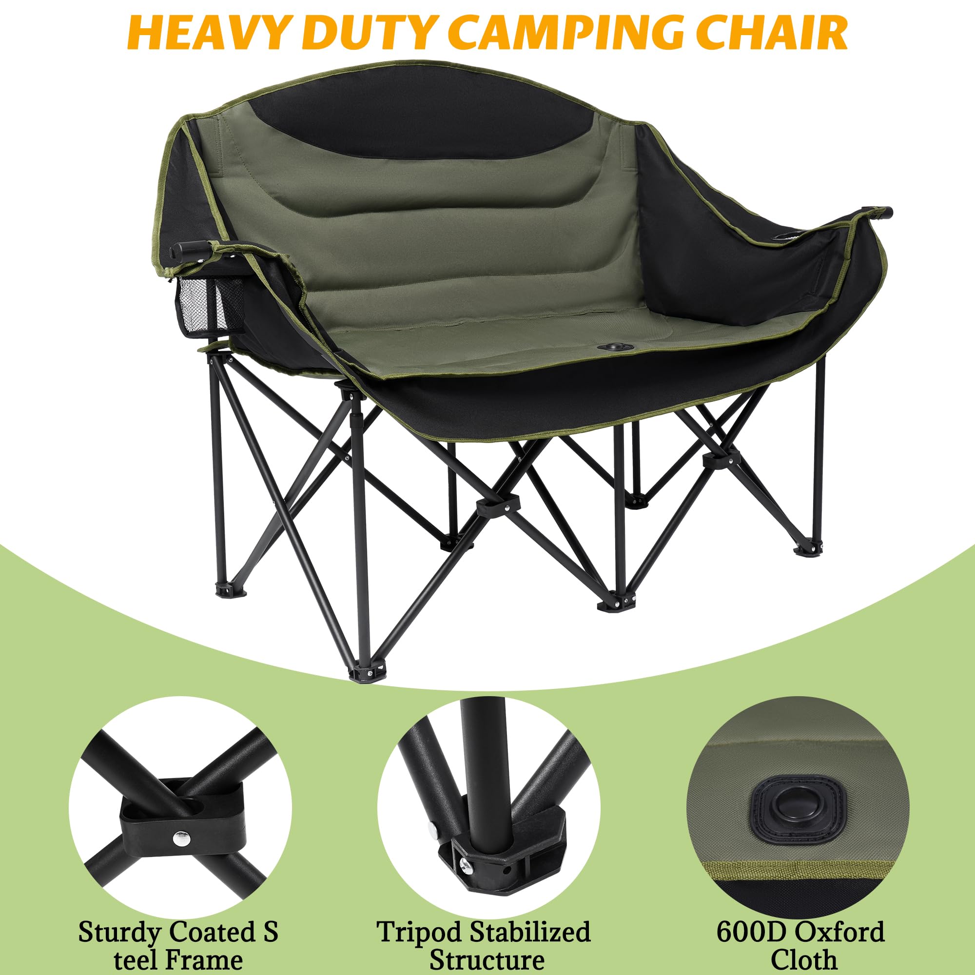UBALANCE Heavy Duty 650LBS Portable Double Camping Chair for Adults - Oversized Folding Loveseat for Outdoor Activities, Garden, Lawn, Picnic, Beach & Fishing (Green) | Perfect for Couples Camping, Backyard Relaxing and Outdoor Events
