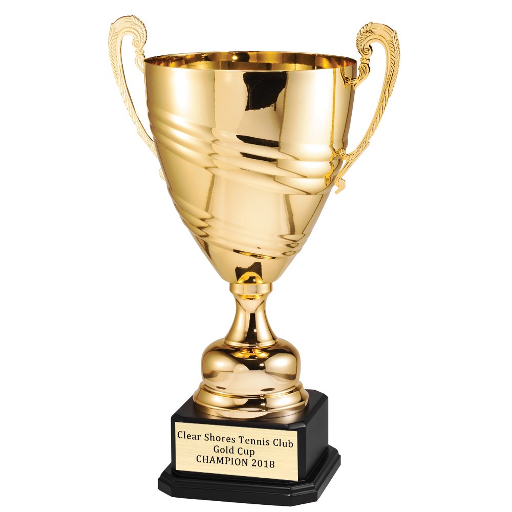 Customizable 24.5 Inch Italian Swirl Pattern Gold Trophy Cup on Black Wood Base - Personalized Awards & Gifts for Sports, Academic Achievements & Corporate Recognition