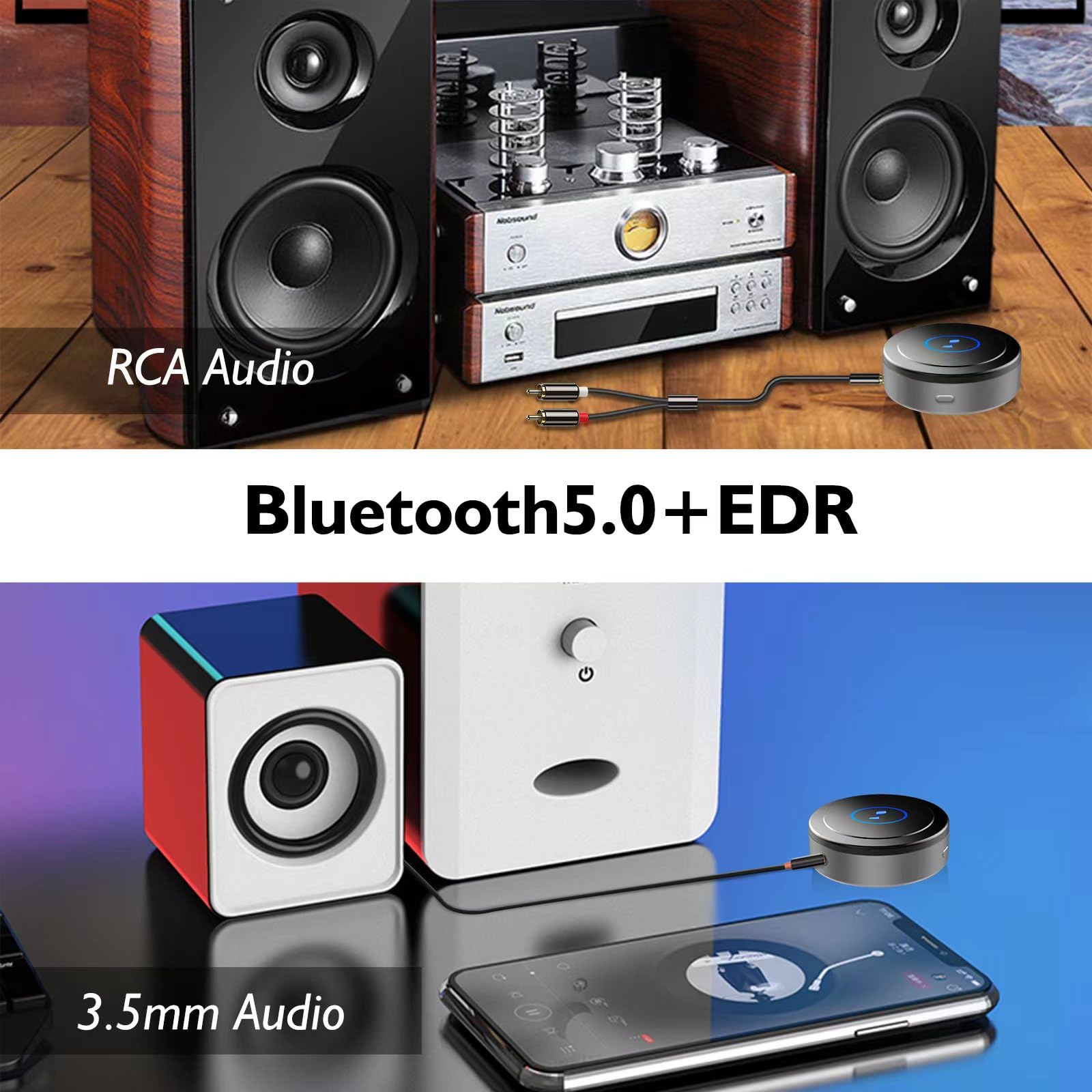 Bluetooth 5.0 Audio Receiver - Wireless Stereo Adapter for Home Speakers, TV, PC | Low Latency HD Sound | Dual Device Pairing | Works with AUX 3.5mm/RCA Input | Perfect for Home Theater, Gaming & Music Streaming