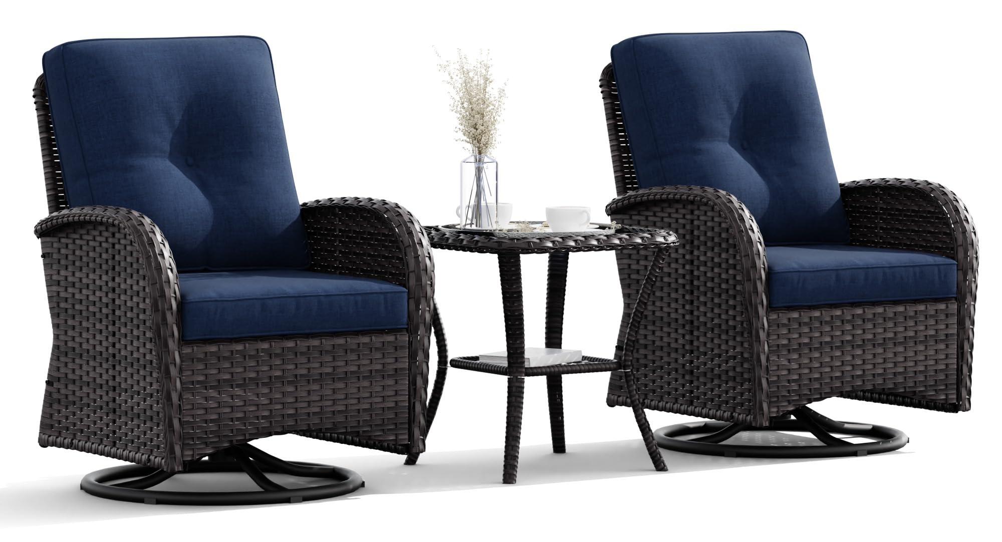 Joyside 3-Piece Patio Swivel Rocking Chair Set - 2 Wicker Swivel Rockers with Side Table, Outdoor Furniture for Porch, Deck & Garden (Brown/Blue) - Perfect for Relaxing, Entertaining & Sunbathing