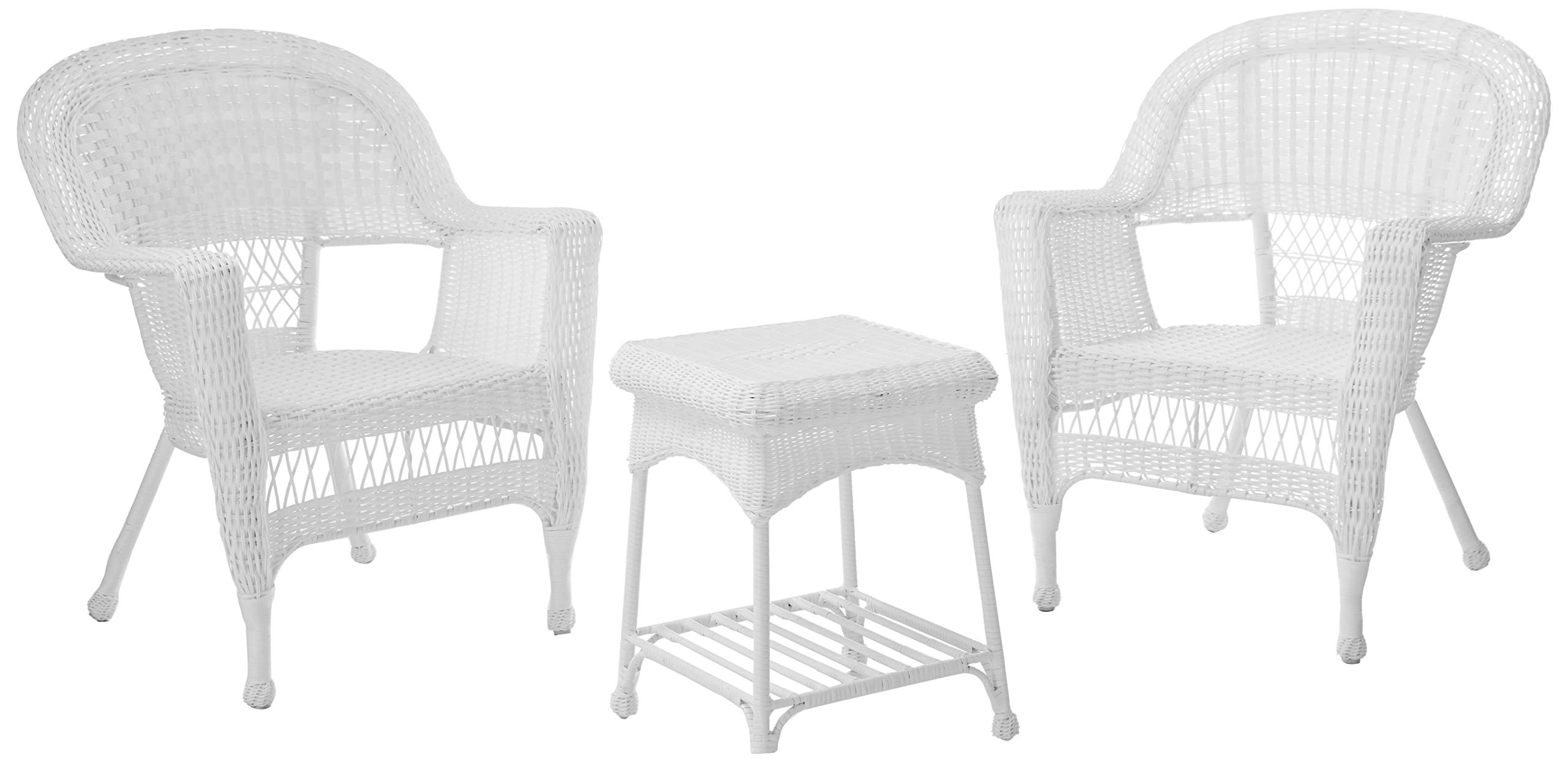 Jeco 3-Piece Wicker Patio Furniture Set - White Rattan Chair & Side Table for Outdoor Garden, Porch or Poolside Relaxation