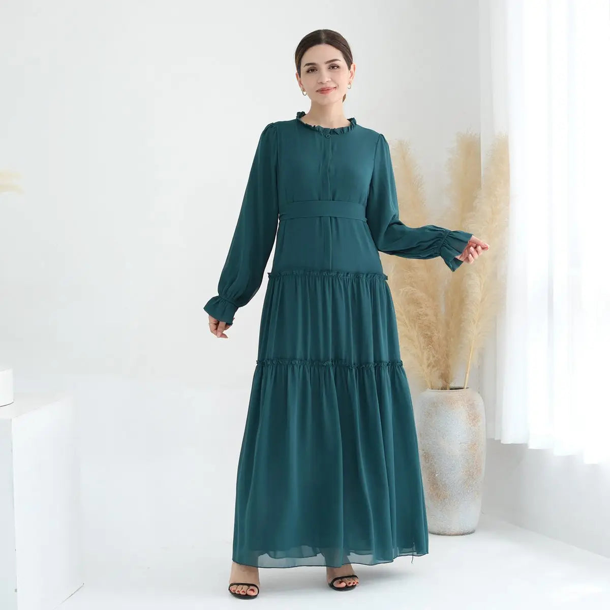 Elegant Muslim Women's Solid Color Chiffon Abaya Dress - Modest Islamic Prayer Dress for Mosque, Eid & Special Occasions