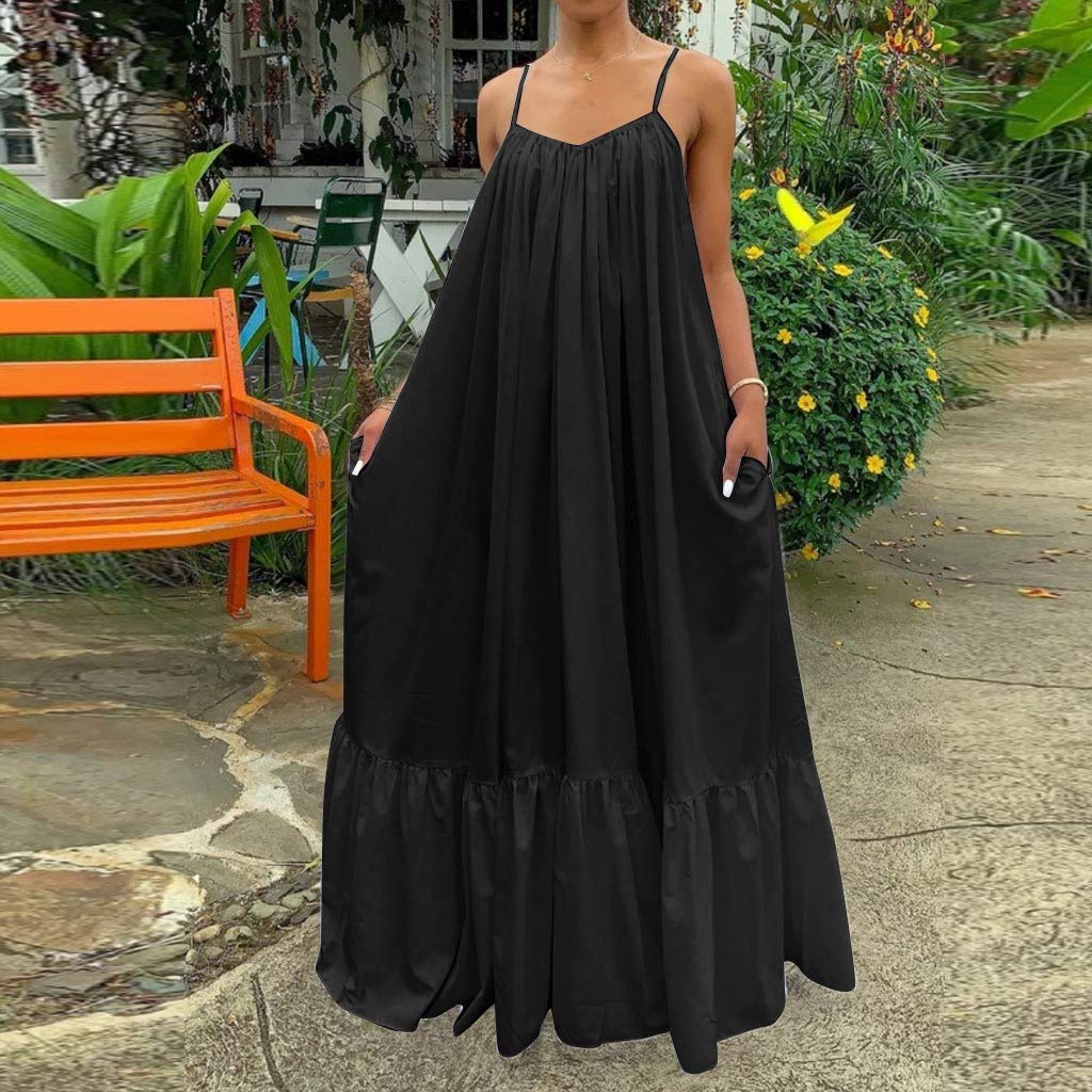 NaRHbrg Plus Size Women's Casual Loose Sundress - Long Sleeveless Maxi Dress with Pockets for Summer Beach Vacation, Outdoor Picnic & Boho Style Outfits
