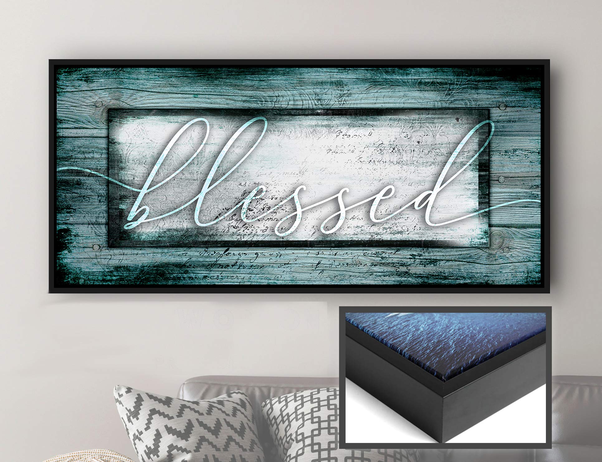 Blessed Sign Religious Wall Decor - Christian Framed Canvas Art with Floating Frame (42x19, Teal & Black) - Perfect for Living Room, Bedroom & Church Décor