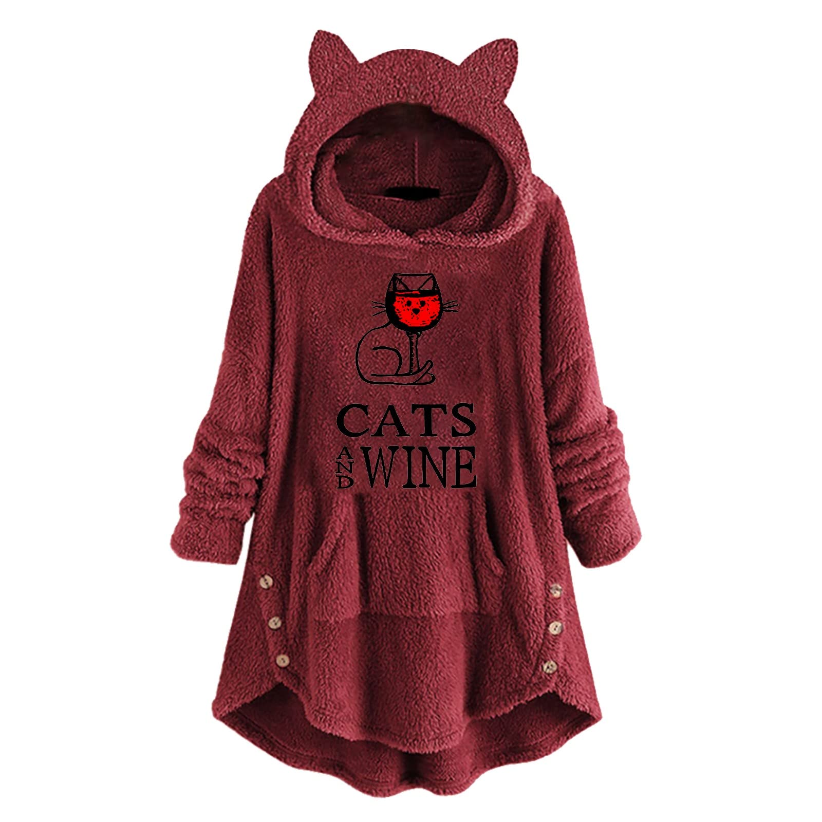 Women's Cute Cat & Wine Cup Print Long Sleeve Fleece Pullover Hoodie with Pockets - Cozy Loose Fit Top for Casual Wear, Lounge, and Outdoor Activities