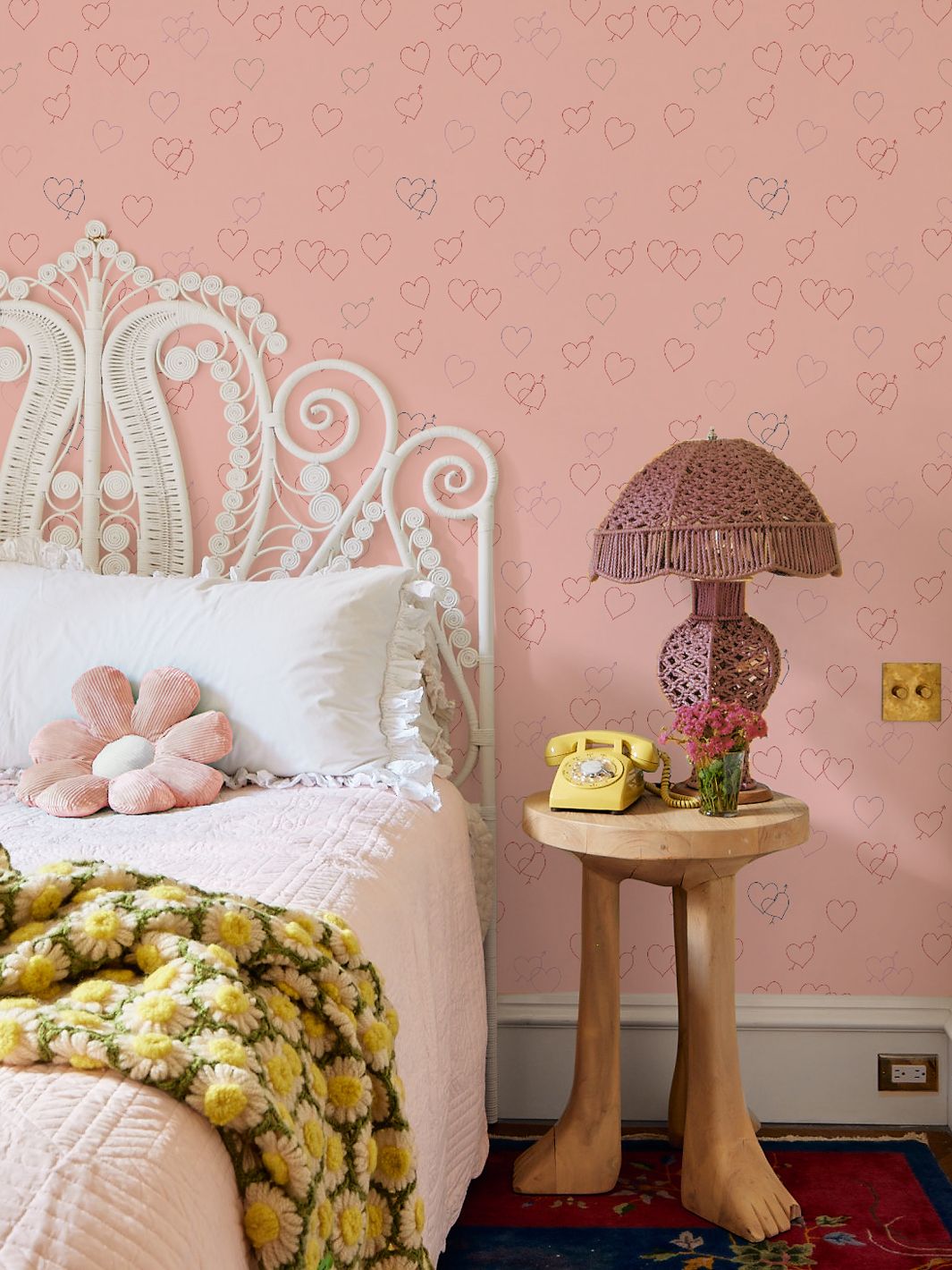Lingua Franca Embroidered Hearts Wallpaper - Pink Floral Peel & Stick Wallpaper for Bedroom, Nursery, or Home Decor