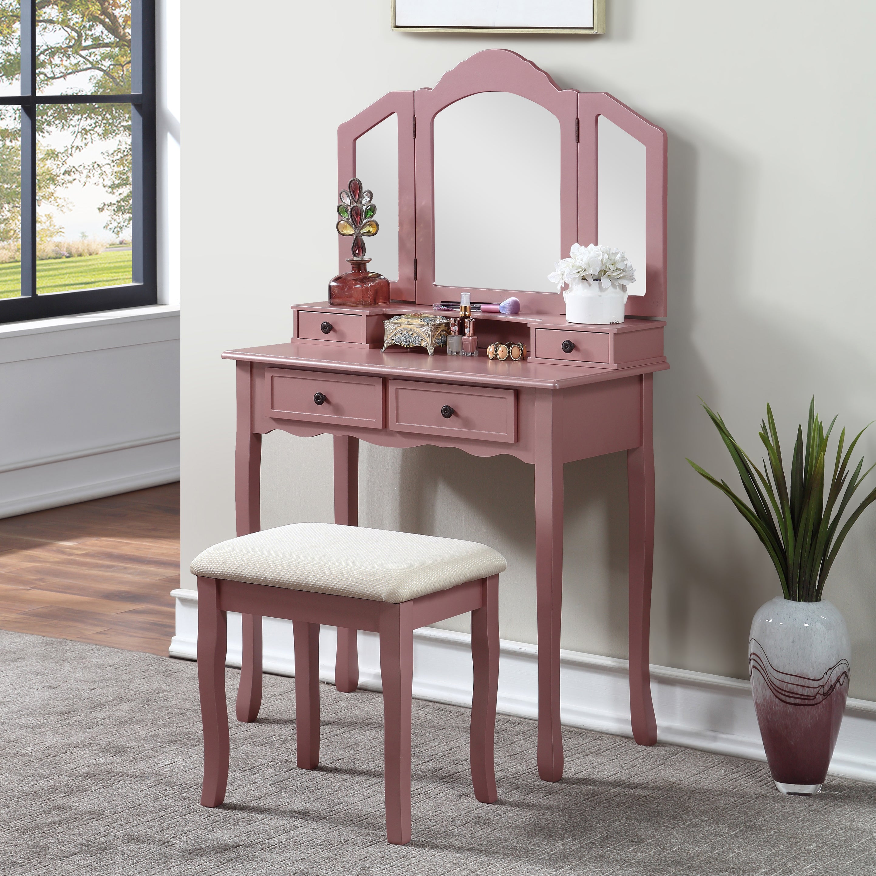 Roundhill Furniture Sanlo Wooden Vanity Makeup Table with Stool Set - Rose Gold Finish, Elegant Dressing Table for Bedroom, Perfect for Makeup & Jewelry Organization