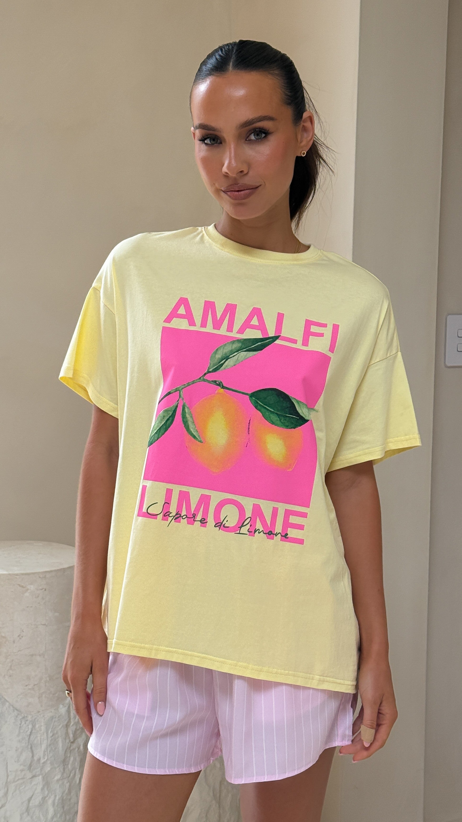 Amalfi Limone Women's Summer Top and Shorts Set - Yellow & Pink Outfit for Beach Vacation, Pool Party, and Casual Wear