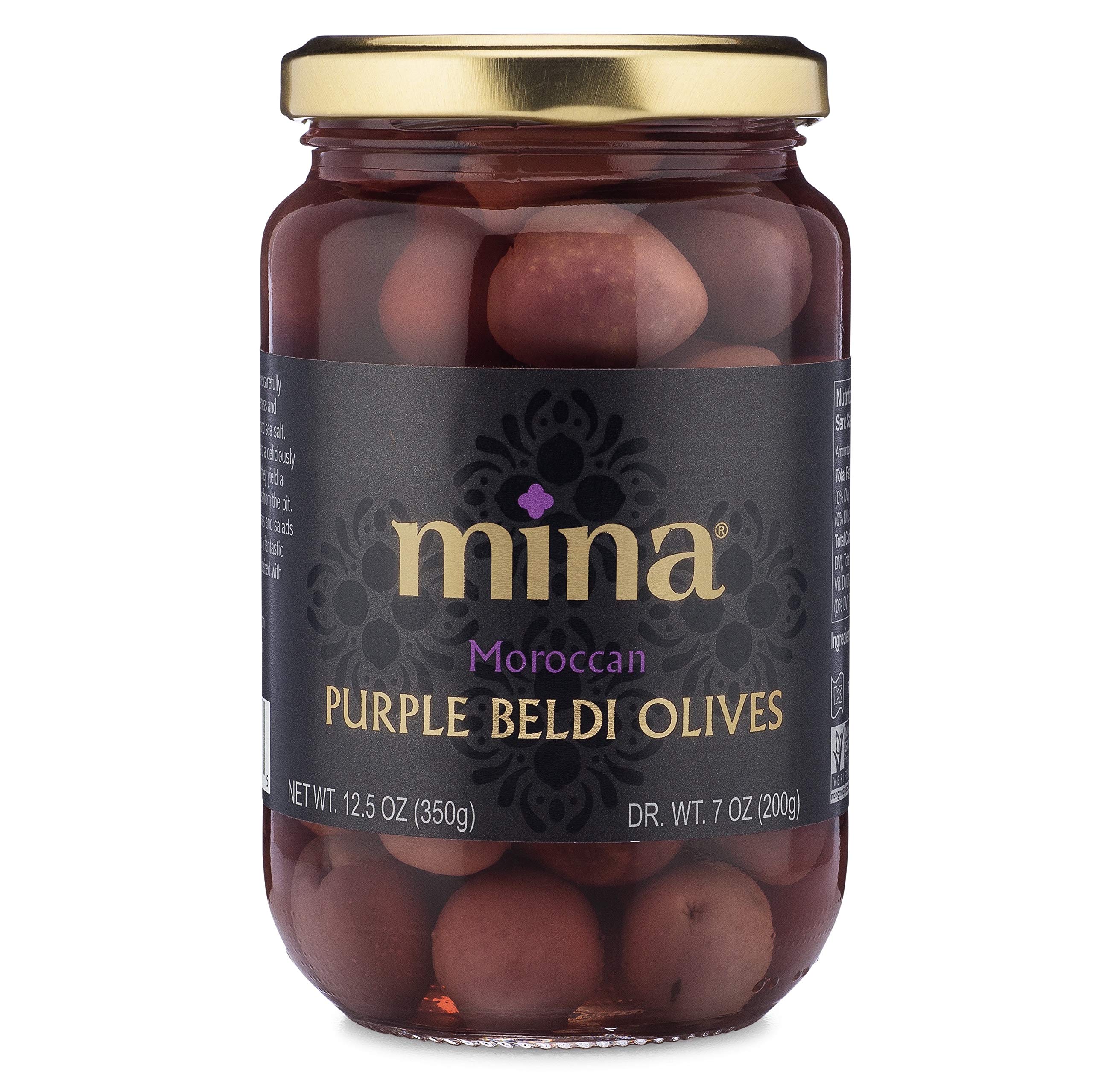 Premium Moroccan Mina Purple Beldi Olives - 12.5 oz | Handpicked, Naturally Cured | Non-GMO, Gluten-Free, Low Carb, Vegan & Kosher Certified | Perfect for Paleo & Keto Diets | Great for Salads, Charcuterie Boards & Healthy Snacking