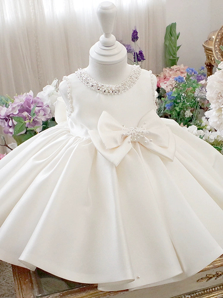 White Princess Round Tea Length Satin Flower Girl Dress for Weddings, Birthday Parties & Special Occasions