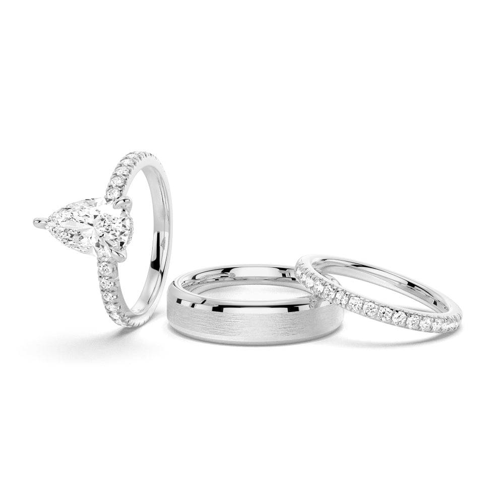 Pear Shaped Pavé Band Hidden Halo Moissanite Engagement & Wedding Ring Set for Couples - Matching His & Hers Bands for Proposals, Anniversaries, and Romantic Occasions