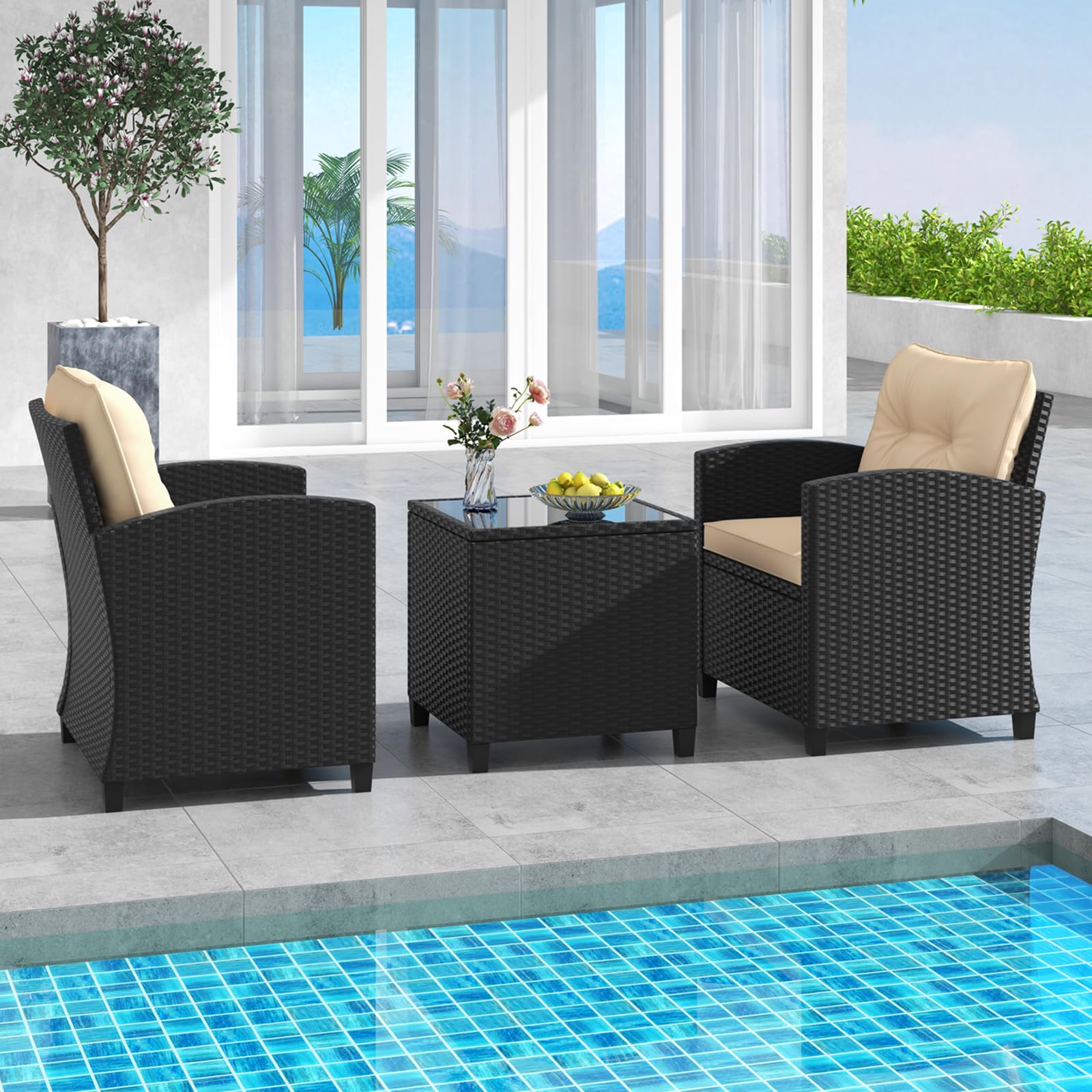 HAPPYGRILL 3-Piece PE Rattan Outdoor Patio Furniture Set with Tempered Glass Coffee Table & Washable Cushions - Wicker Bistro Sofa Conversation Set for Garden, Poolside, Balcony, Backyard (Beige) | Perfect for Relaxing, Entertaining & Outdoor Dining