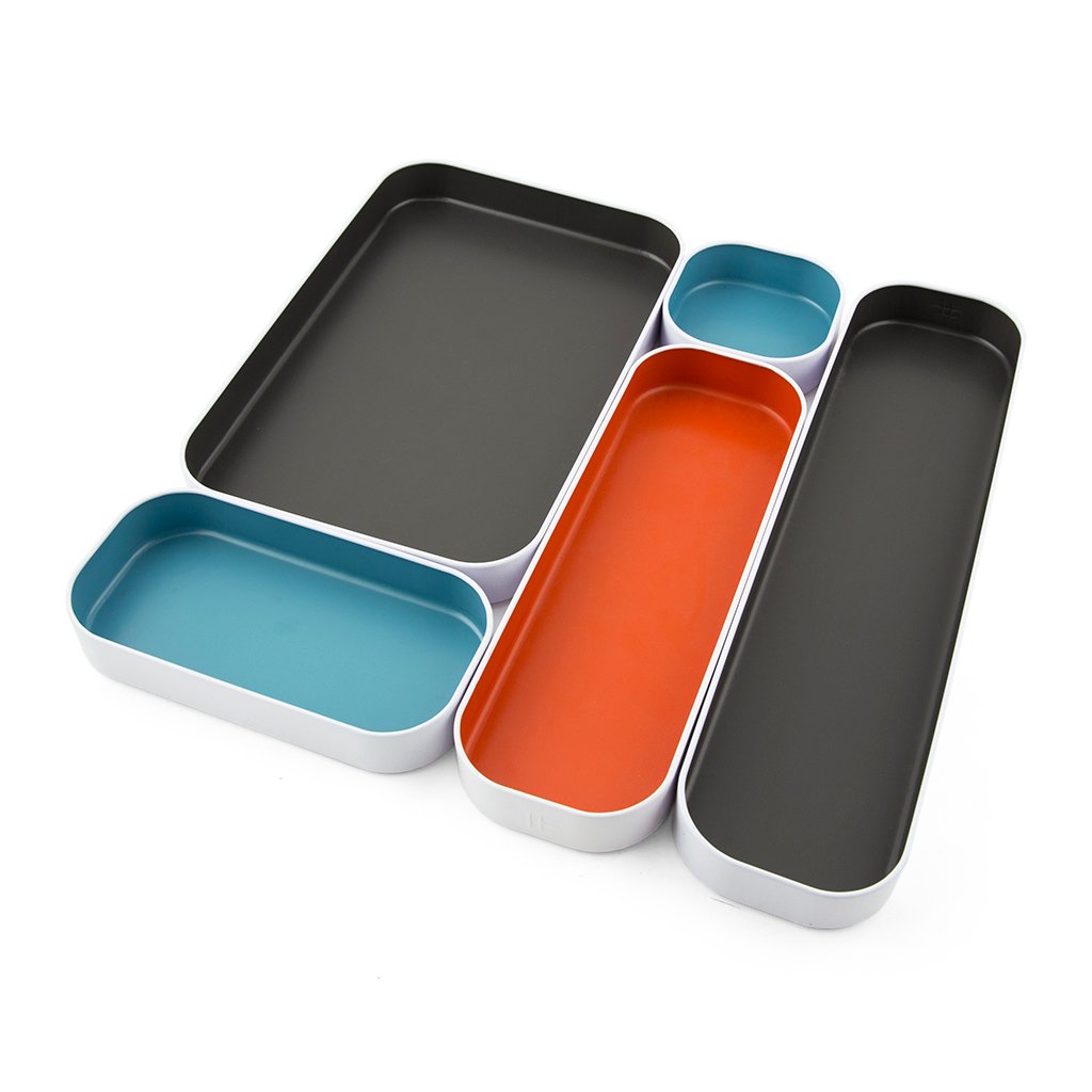 3-Piece Metal Organizer Tray Set for Makeup, Office Supplies & Kitchen Utensils - 1 Inch Gray, Sky Blue & Orange Drawer Organizers for Desk, Bathroom & Kitchen Storage