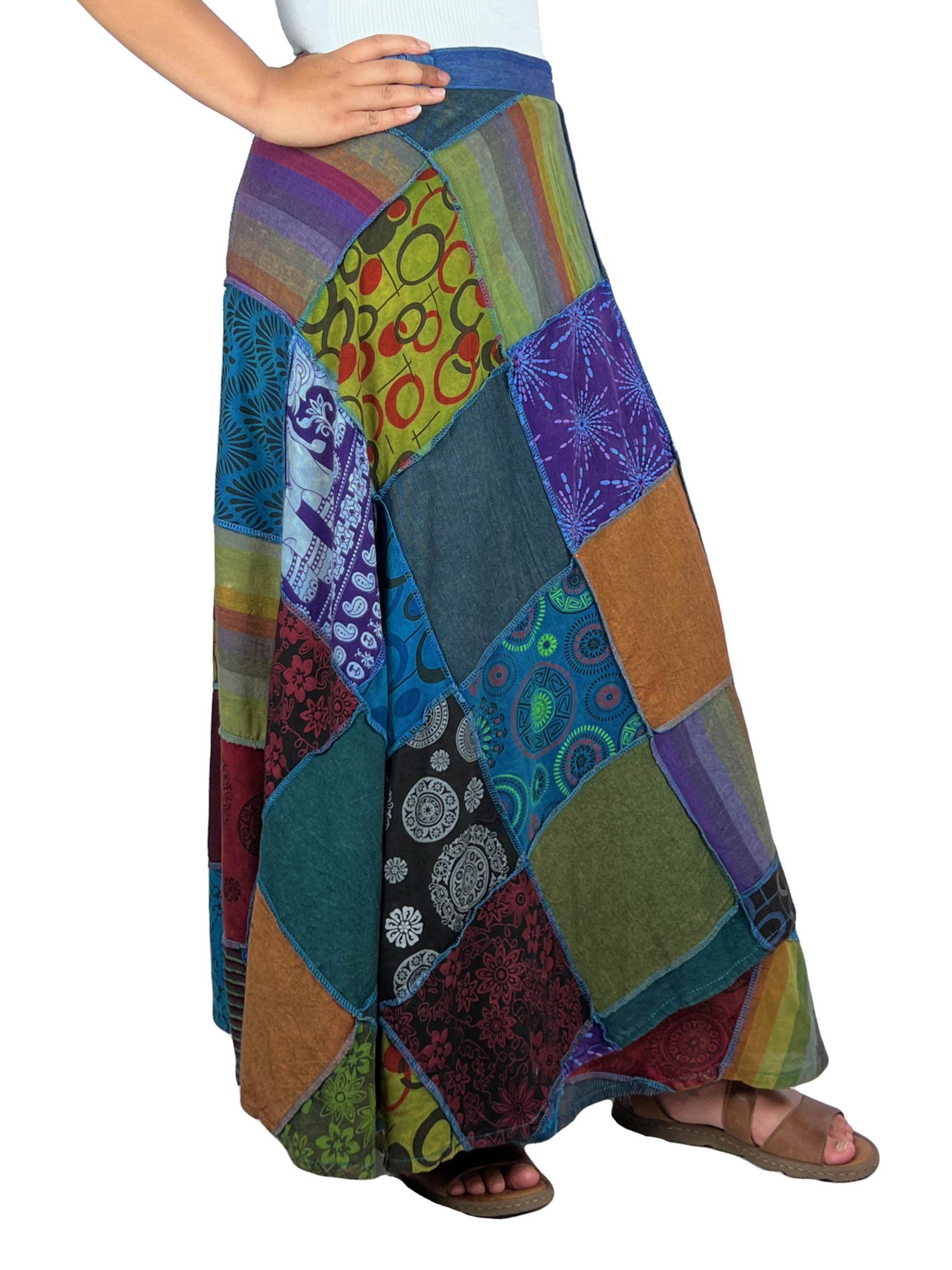 Agan Traders Women's 2025 Spring & Fall Boho Maxi Skirt - High Waisted Long Wrap Skirt with Patchwork & Tie-Up Design for Beach, Festival & Casual Wear