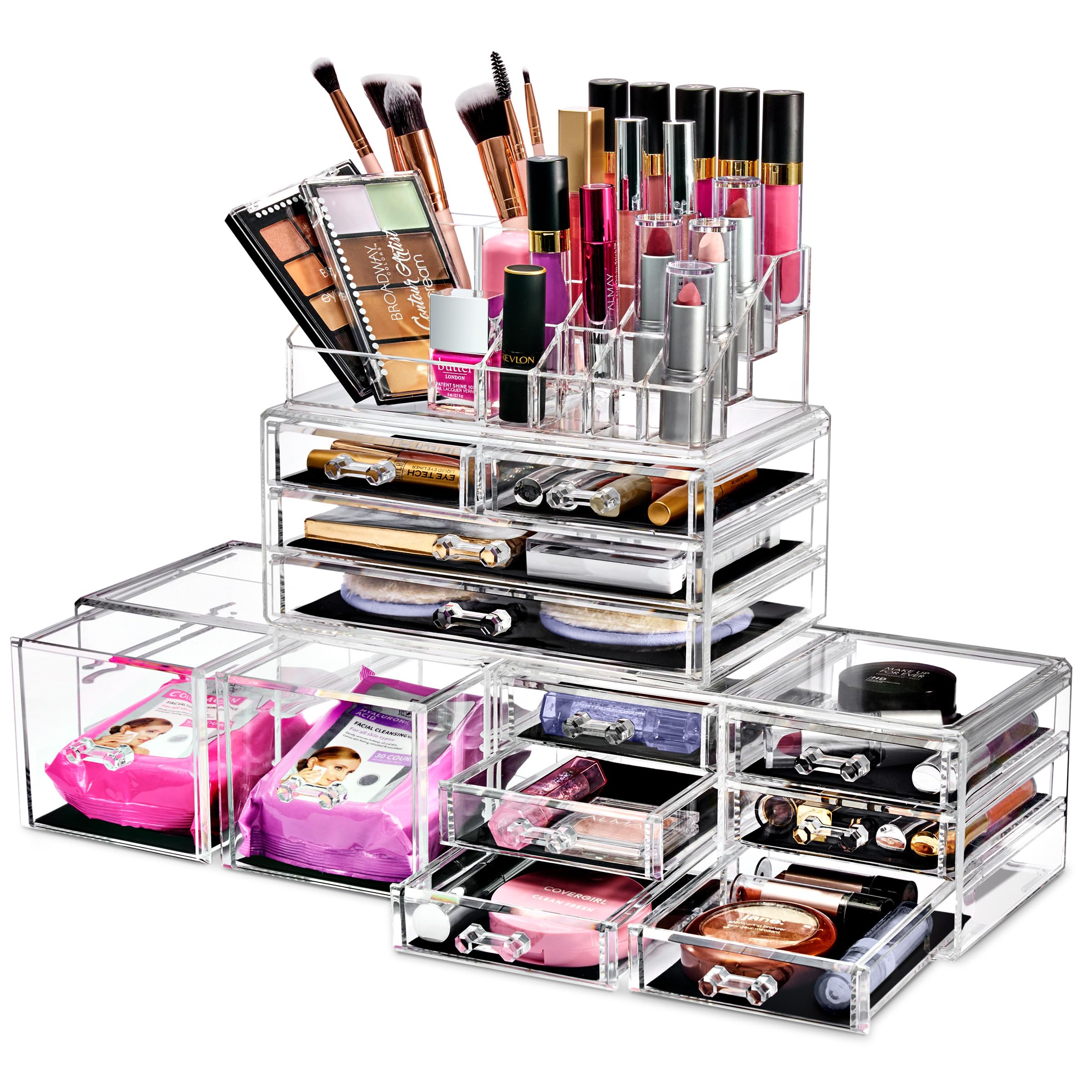 Sorbus Large Clear Stackable Makeup Organizer with 12 Drawers - Jewelry & Cosmetic Storage for Vanity, Bathroom, Dresser - Includes Lipstick & Makeup Brush Holder - Perfect for Beauty Product Organization & Display