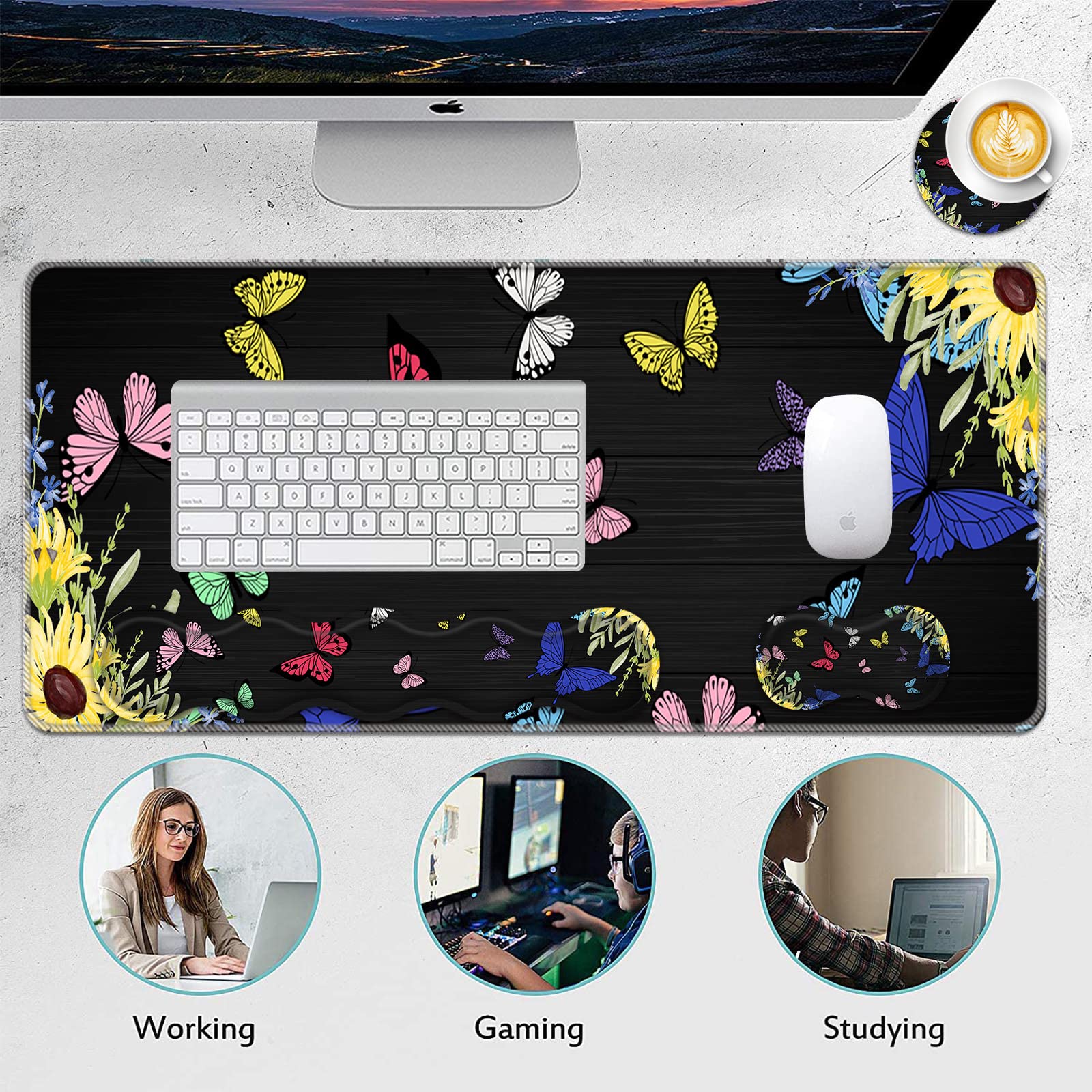 Large Mouse Pad Set with Wrist Rest - 31.5×11.8 Inch Desk Mat, Keyboard Wrist Support, Mouse Wrist Cushion & Coaster for Office & Home Computer Use - Sunflower Butterfly Design for PC, Laptop Workstation Accessories