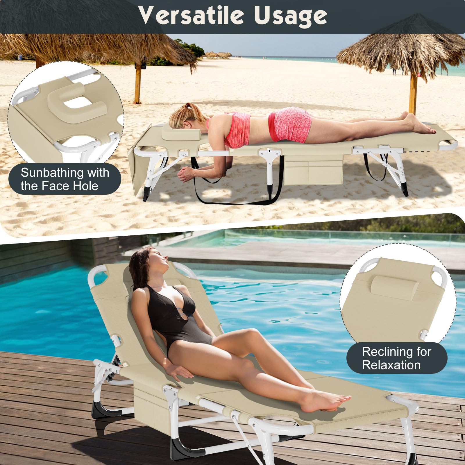 MOPHOTO 5-Position Folding Lounge Chair - Portable Outdoor Chaise Lounge for Sunbathing, Pool, Beach & Patio - Lightweight & Adjustable for Camping, Backyard Relaxation & Travel