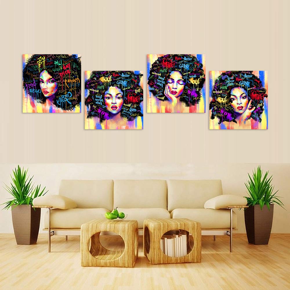 AMEMNY 4 Panels Abstract Wall Art Canvas - African American Women Graffiti Style Painting, Framed Ready to Hang (12x12) - Modern Home Decor for Living Room, Bedroom & Bathroom | Perfect for Bohemian & Hippie Style Interiors