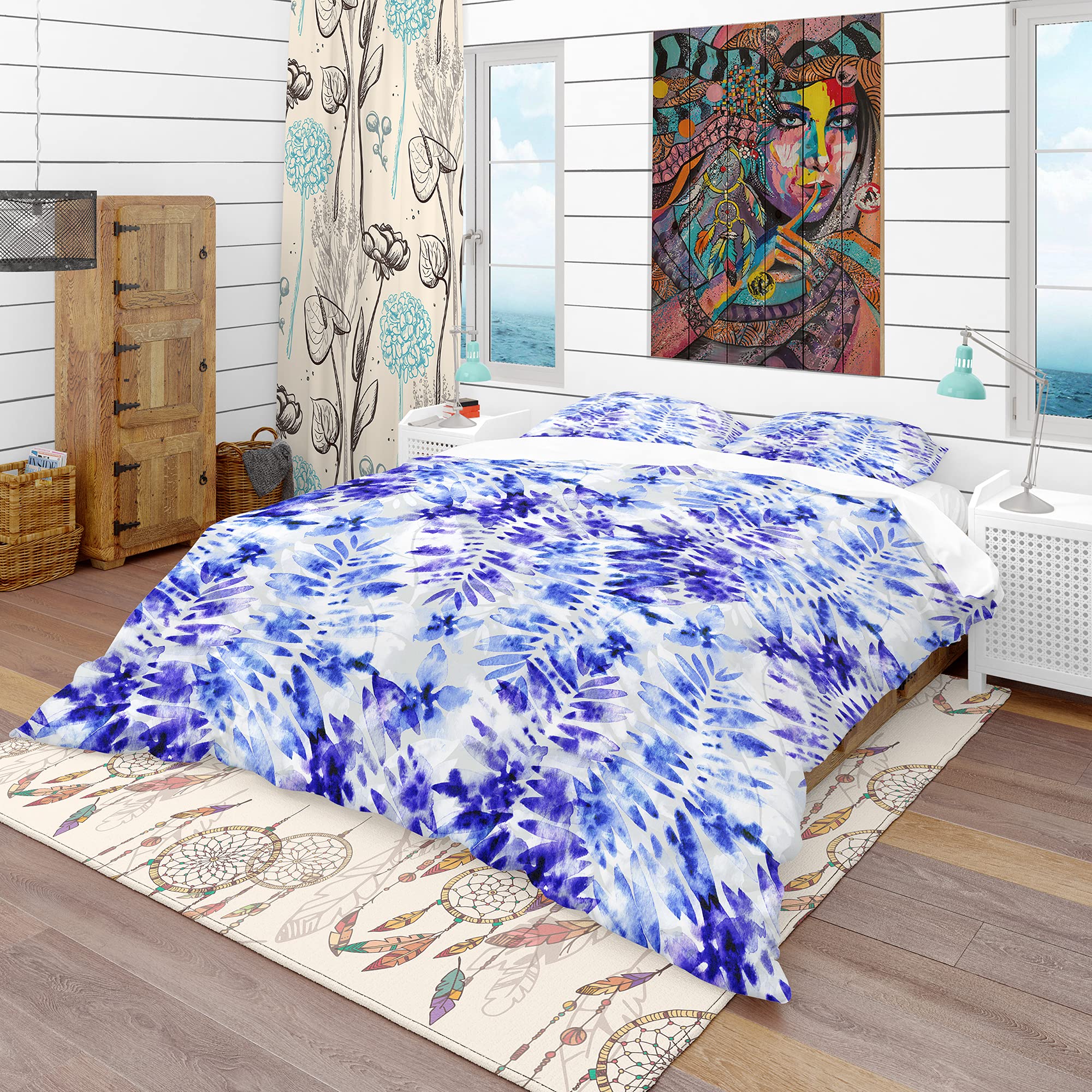 DesignQ Mid-Century Modern Duvet Cover Set - Blue Leaves & Flowers Pattern, 3-Piece Twin Size Bedding Set (Duvet Cover + 2 Pillowcases), All-Season Soft Cotton Comforter Cover for Vintage Style Bedroom Decor