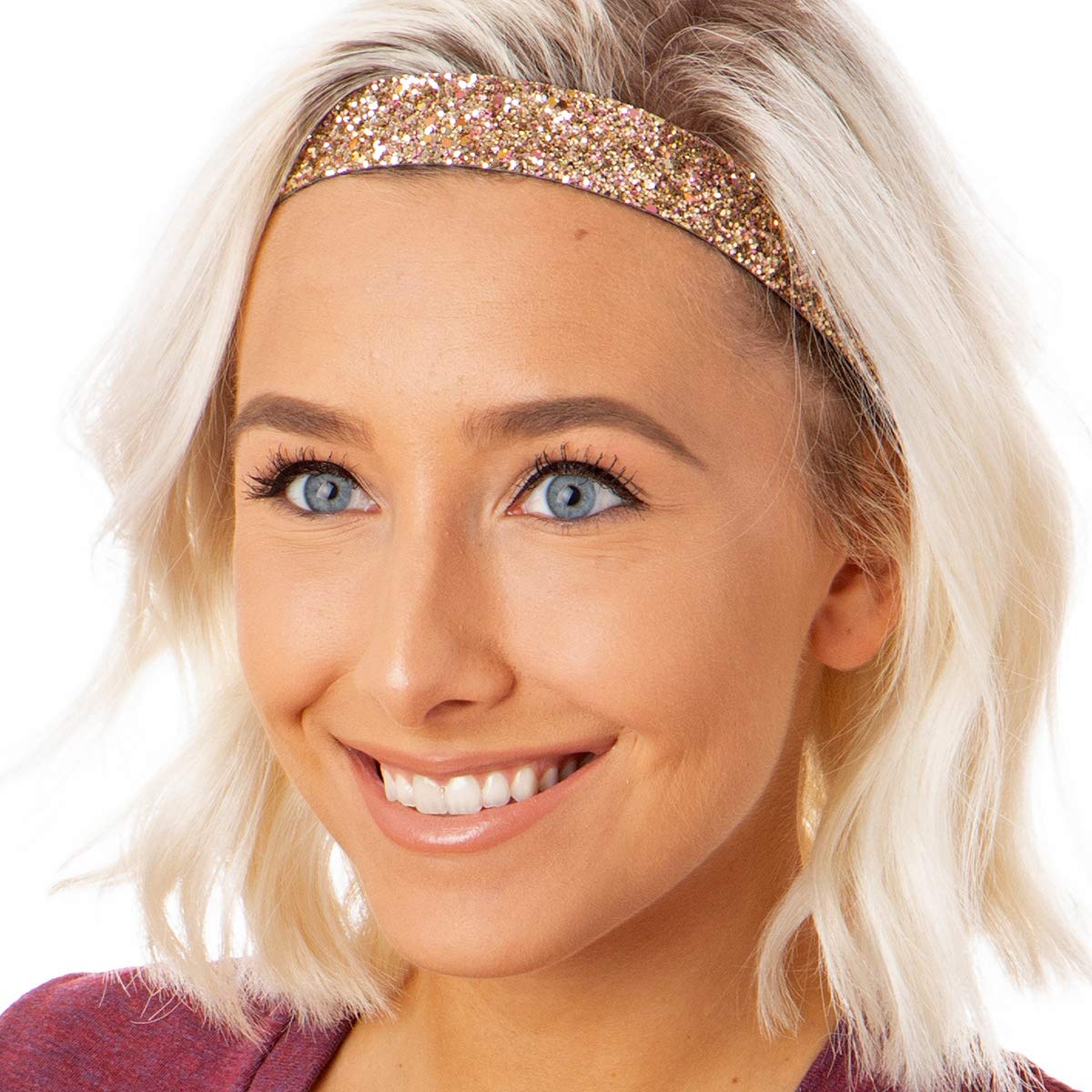 Sparkly Bling Mixed 3pk Adjustable No-Slip Headbands for Women, Girls & Teens - PETITE Size (Rose Gold Glitter) - Perfect for School, Sports, Work & Special Occasions
