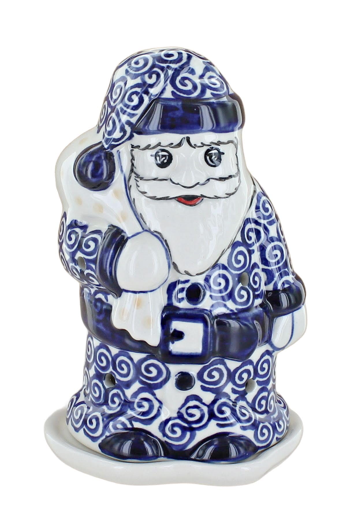 Blue Rose Polish Pottery Garden Bouquet Santa Luminary - Handcrafted Ceramic Christmas Decoration for Home, Holiday Decor & Gift Giving