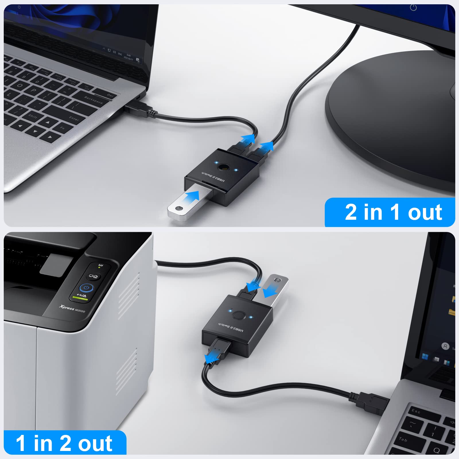 USB 3.0 Switch 2 in 1 Out / 1 in 2 Out - Bi-Directional USB Switcher for Keyboard, Mouse, Scanner & Printer Sharing Between 2 Computers - Compatible with Mac, Windows & Linux - Perfect for Home Office, Gaming & Multi-Device Workstations