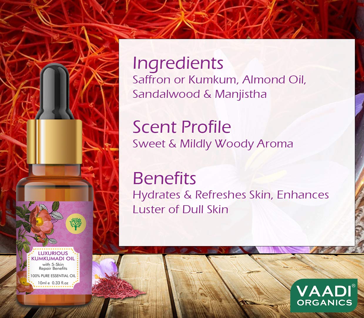 VAADI HERBALS Kumkumadi Face Oil with Saffron & Sandalwood - Dark Circle Treatment, Skin Brightening & Pigmentation Reduction - 10ml - Perfect for Nighttime Skincare & Anti-Aging Routine