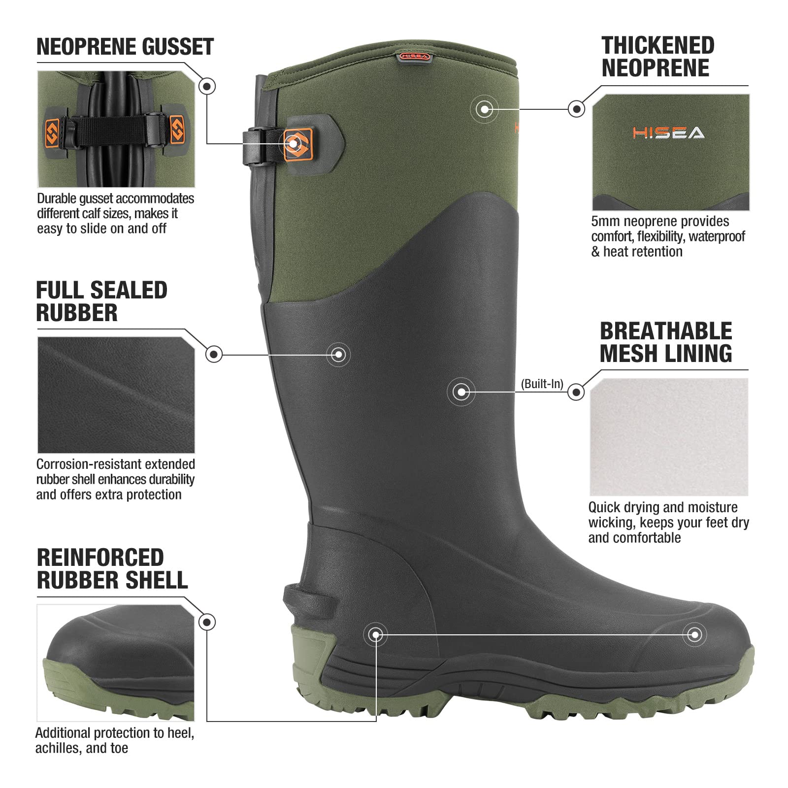 HISEA Men's Waterproof Insulated Neoprene Rubber Rain Boots - Anti-Slip Hunting & Outdoor Work Boots for Gardening, Farming, Fishing, Yard Work - Adjustable Calf Design - Perfect for Wet Weather, Muddy Terrains & Heavy Duty Outdoor Activities