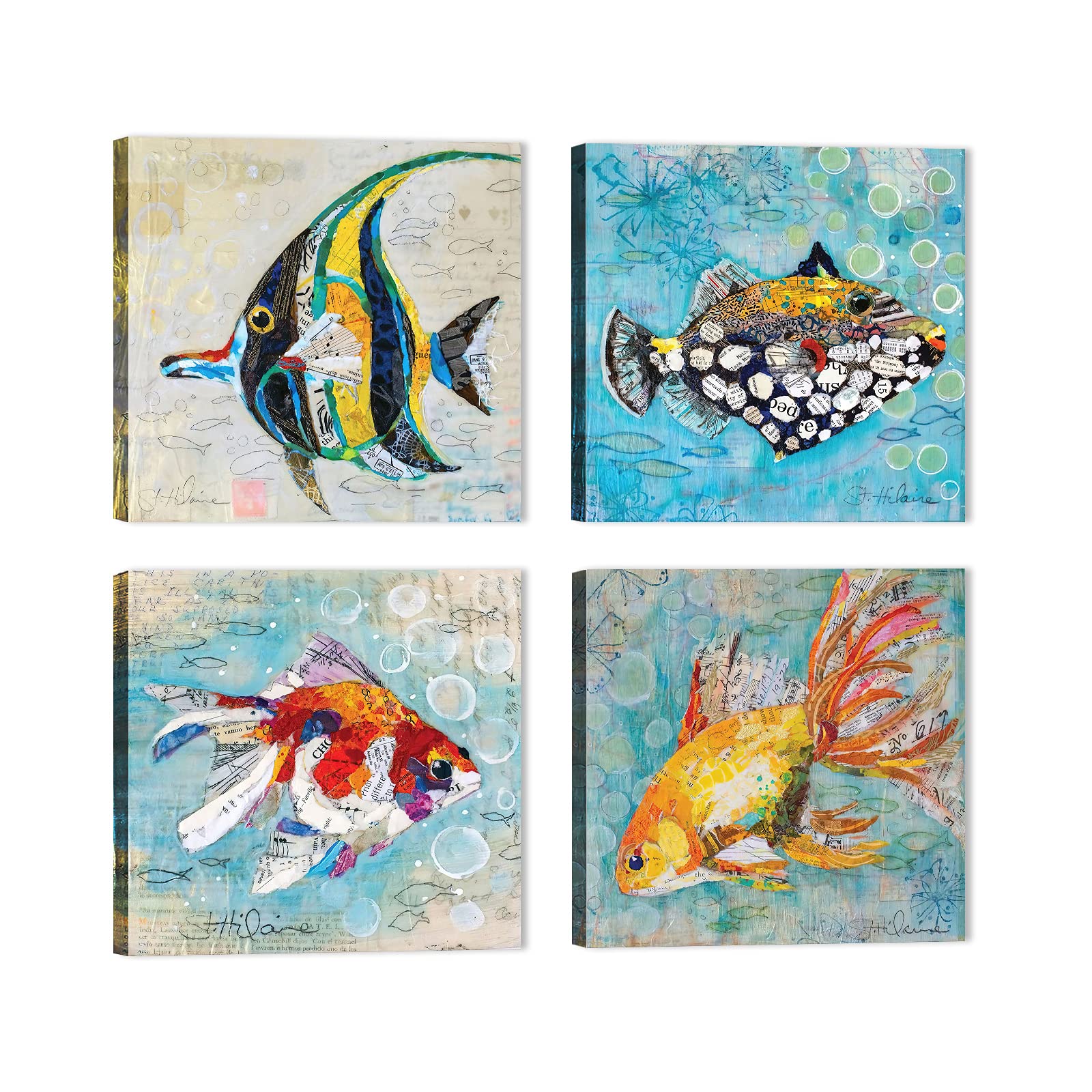 Ocean Themed Bathroom Wall Art Set - 4 Piece Colorful Sea Fish Decor for Kids & Adults - Perfect for Coastal, Beach, or Nautical Bathroom Designs