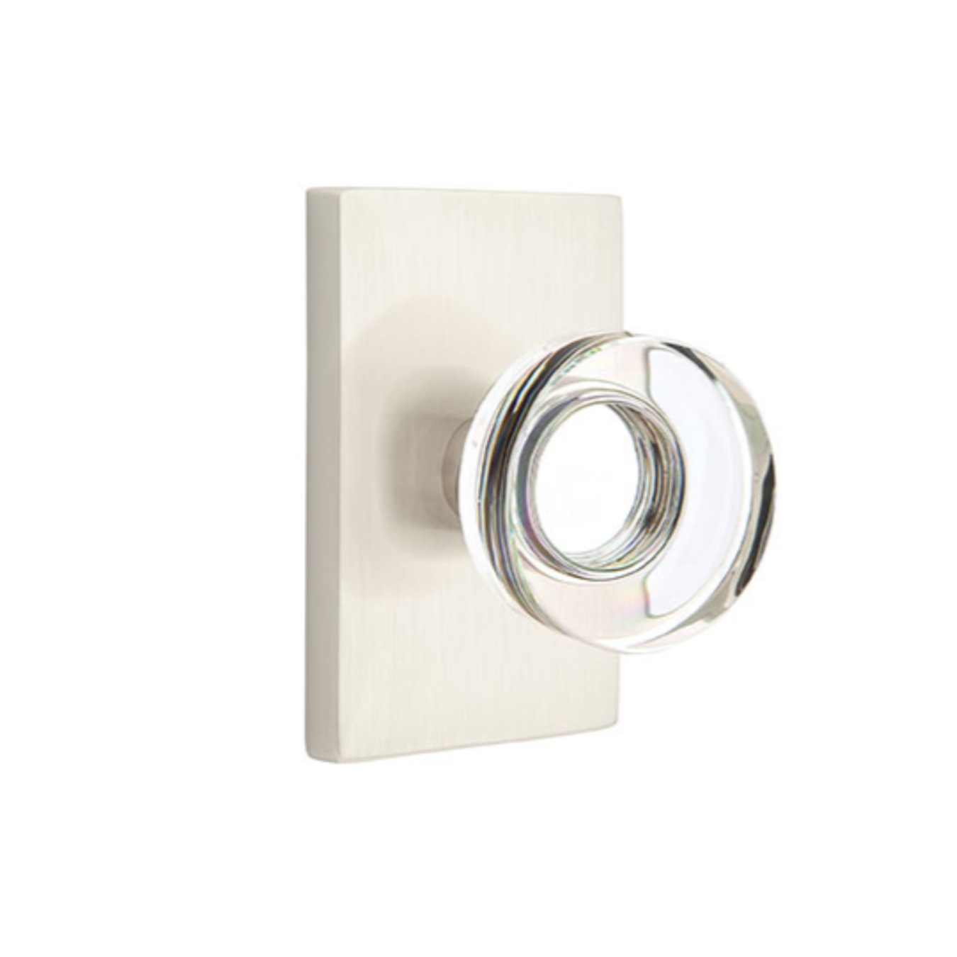 Modern Disc Crystal Knob - Satin Nickel Door Handle with Rectangular Rosette - Perfect for Contemporary Home, Office, and Cabinet Doors