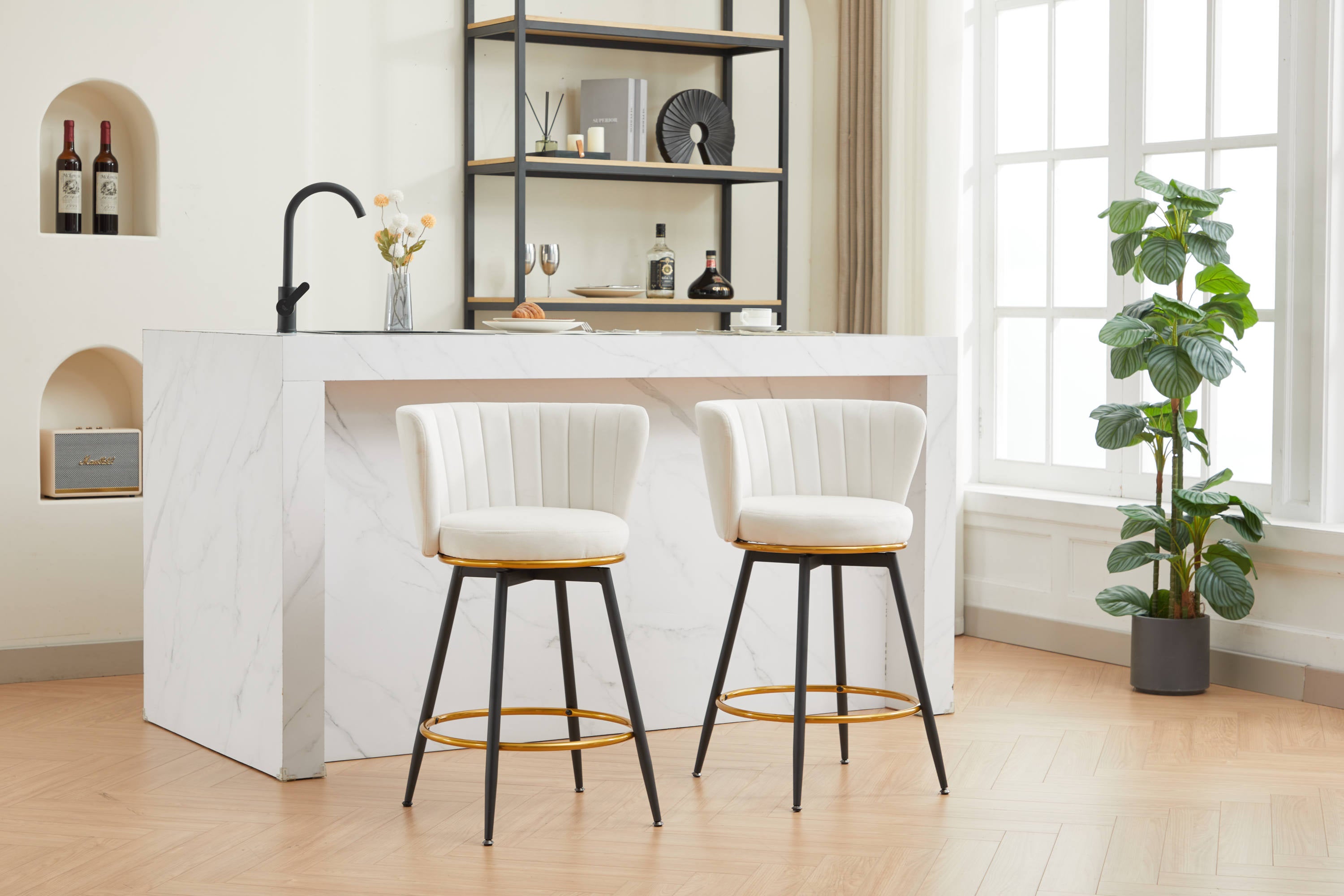 Set of 2 Counter Height Bar Stools - 360° Swivel Upholstered Barstools with Back Support & Sturdy Metal Legs, 26 Inch Seat Height, Soft Velvet Fabric, Gold Footrest - Perfect for Kitchen Islands, Breakfast Bars & Home Bars