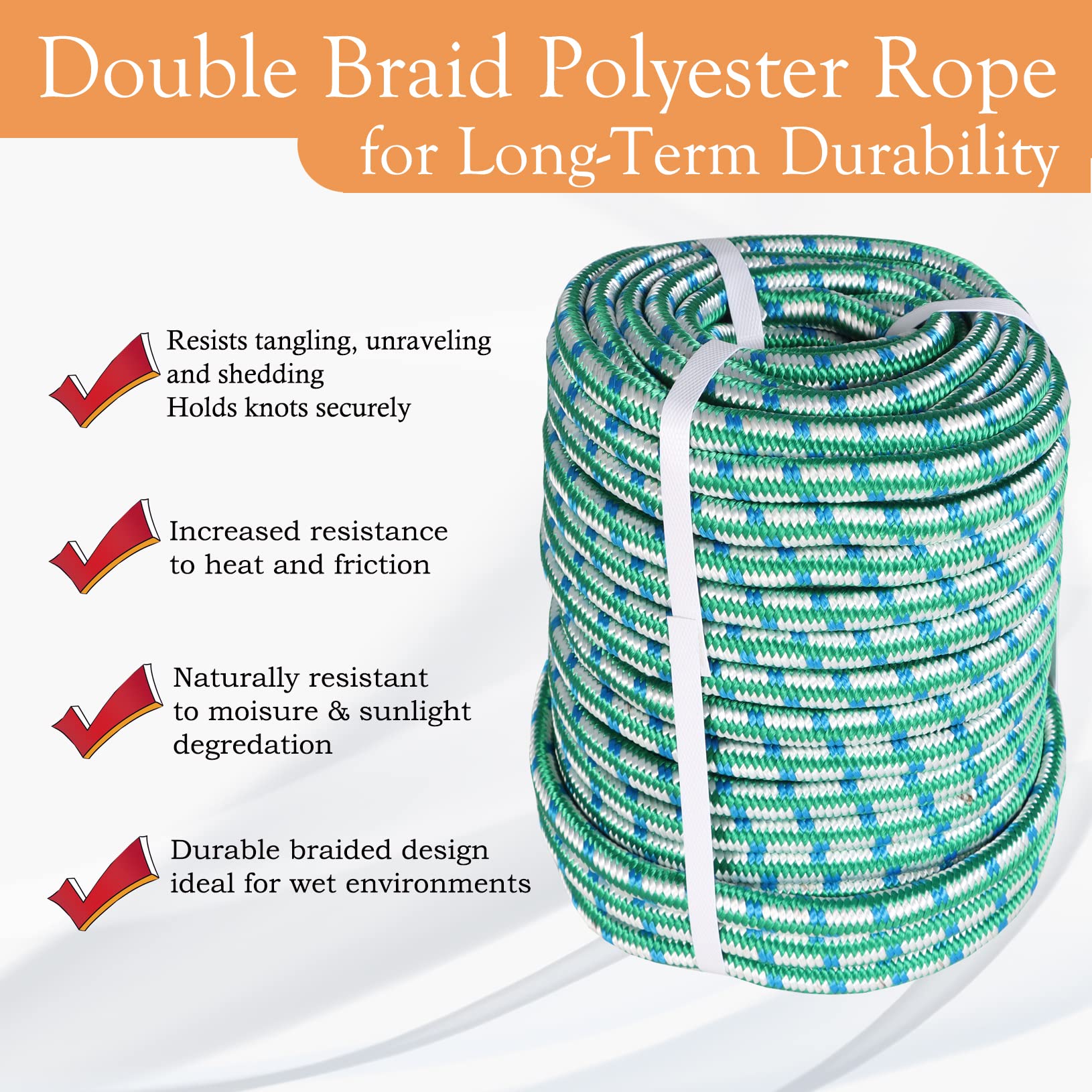 LABLT 16 Strand 1/2 Inch Double Braided Polyester Rope - 150ft High Strength Arborist Bull Rope for Tree Climbing, Rigging, Camping & Outdoor Swings | Lightweight Heavy Duty Thick Rope for Professional & Recreational Use