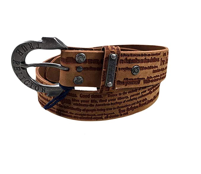 True Religion Women's Jeans with Leather Belt - Brown Script Hardware Logo & Horseshoe Buckle (Size 22) | Stylish Casual Wear for Everyday Outfits & Denim Fashion