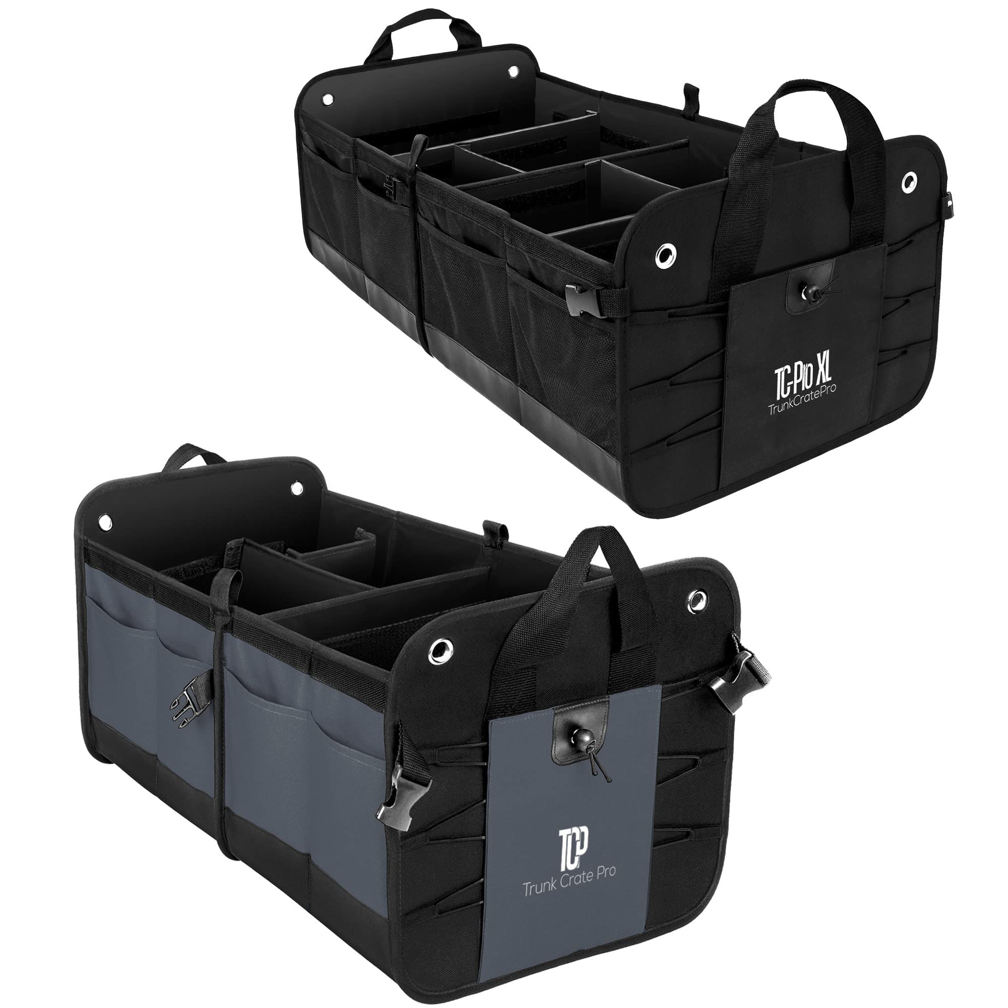 TRUNKCRATEPRO Car Organizer Bundle - 1 Regular Grey & 1 XL Black Trunk Organizer | 15% Discount | Perfect for Road Trips, Travel & Vehicle Storage