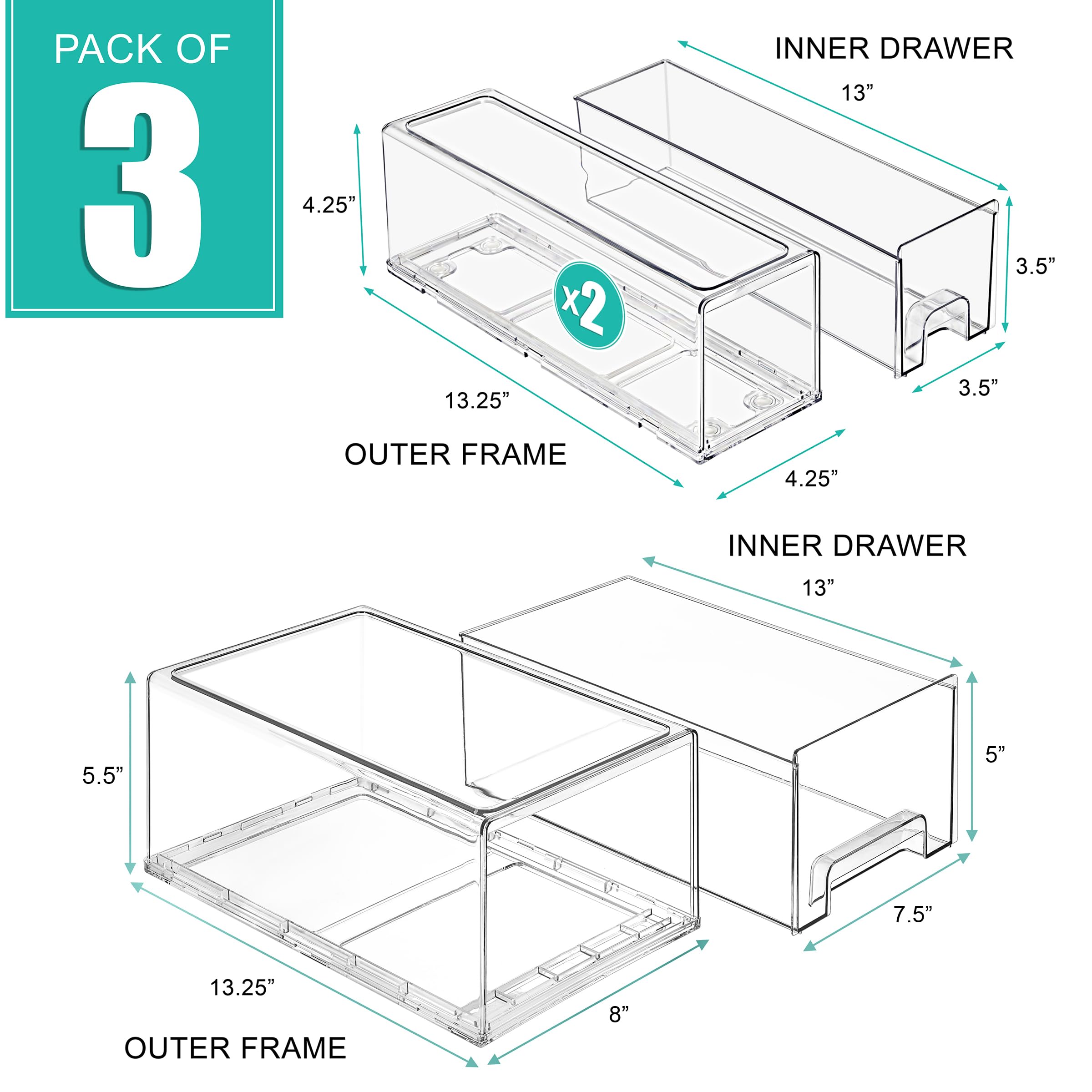 Sorbus Stackable Storage Drawers - 1 Large & 2 Small Plastic Organizer Bins for Closet, Bathroom, Pantry, Clothes & Home Organization - Space-Saving Storage Solution for Bedroom, Office & Kids Room