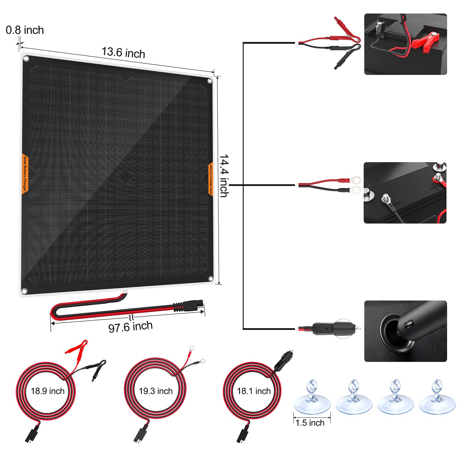 20W 12V Solar Panel Car Battery Charger - Portable Waterproof Solar Trickle Charger & Maintainer for Car, Boat, RV, Automotive - with Cigarette Lighter Plug & Alligator Clips - Perfect for Camping, Road Trips & Off-Grid Power