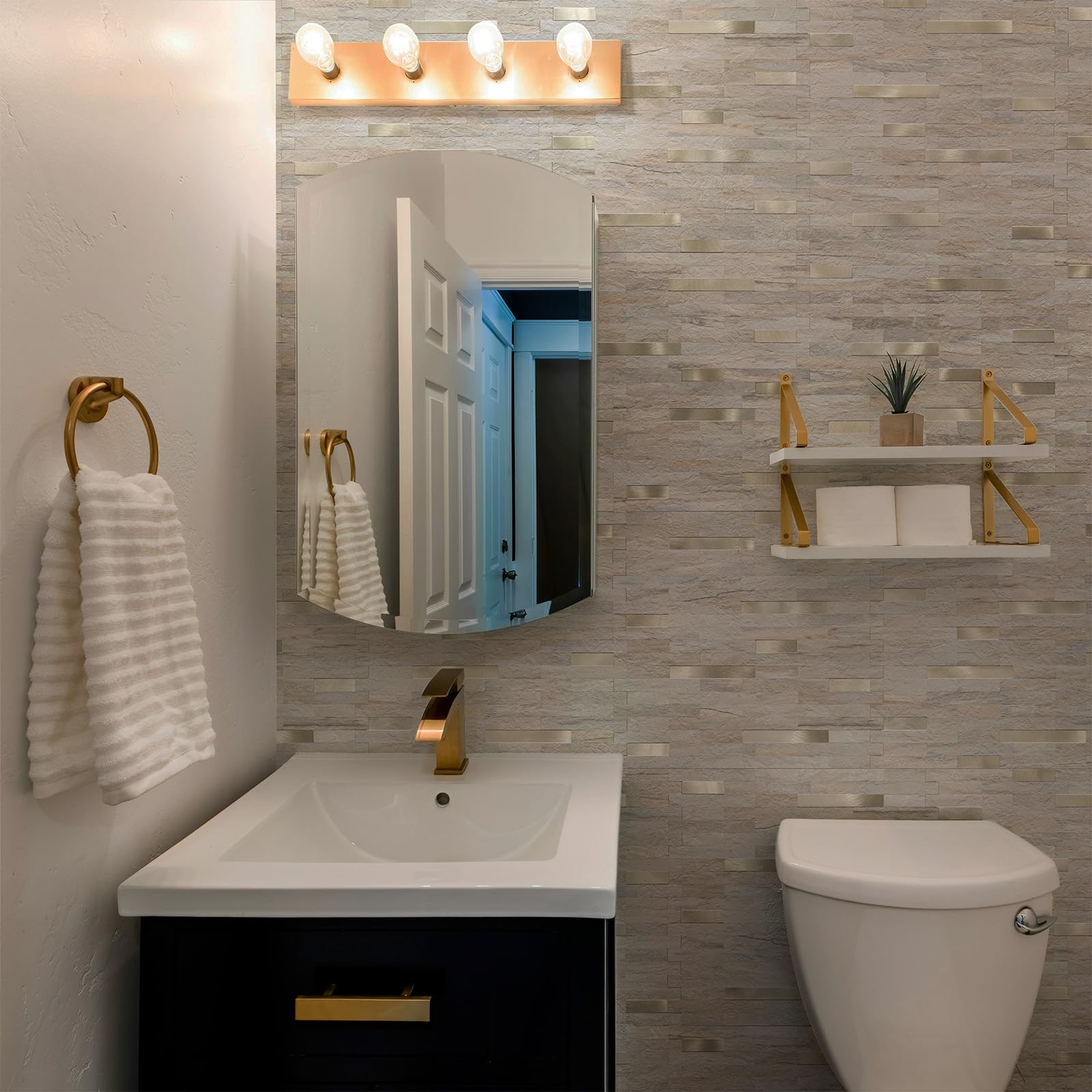 20 Sheets Peel and Stick Backsplash Tiles - Beige with Gold Metallic Finish - Self-Adhesive Kitchen Backsplash for Countertops, RV, Fireplace - Easy DIY Home Upgrade for Kitchens, Bathrooms & Laundry Rooms