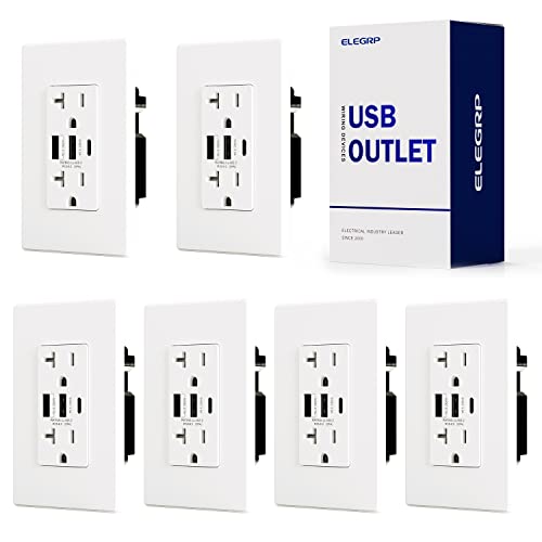 ELEGRP 6-Pack Matte White USB Outlet Receptacle - 3-Port USB C Wall Charger (30W 6.0A) with Tamper-Resistant 20A Electrical Outlet - UL Listed & Screwless Wall Plate Included - Perfect for Home, Office & Hotel Room Upgrades