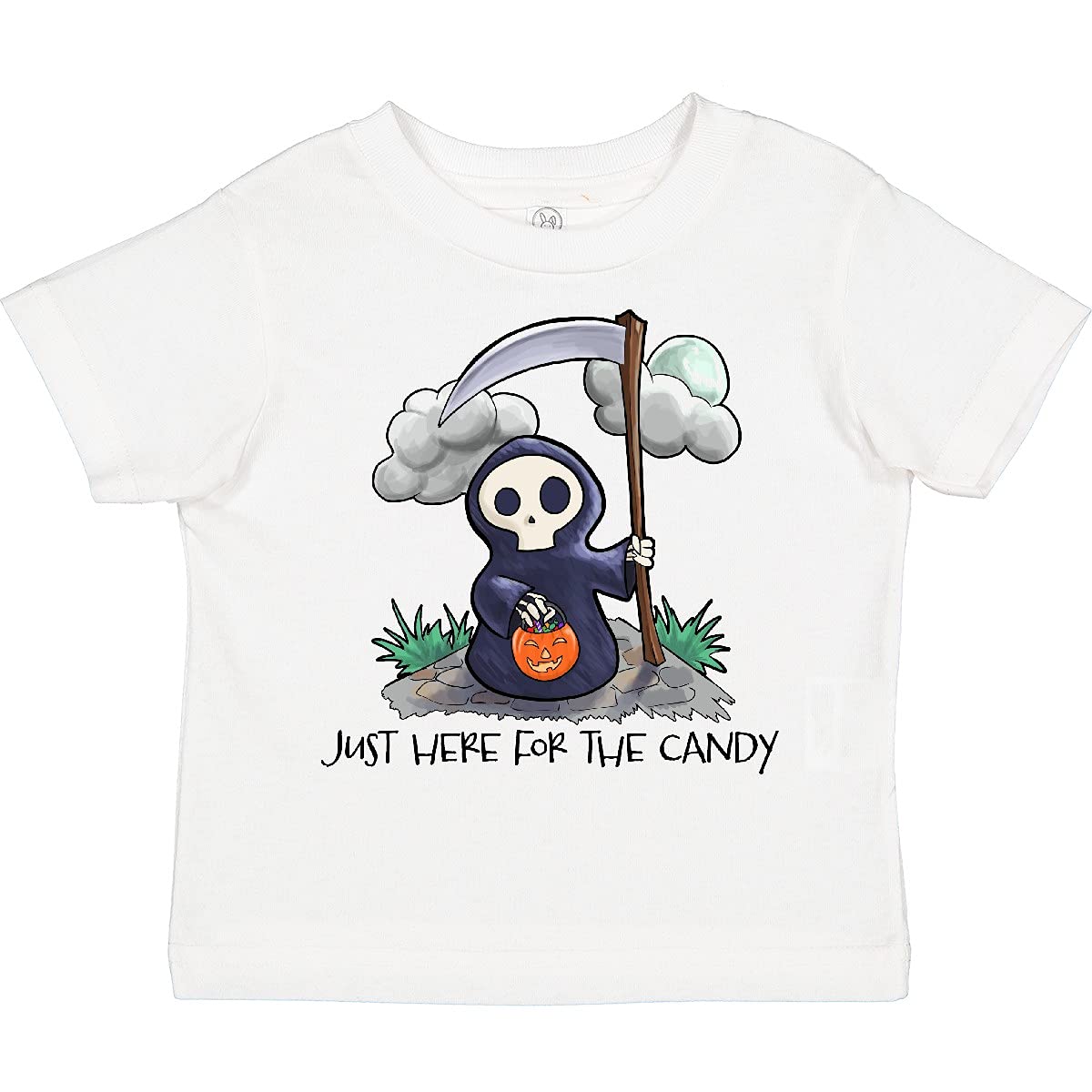 Inktastic Cute Grim Reaper Toddler T-Shirt - Just Here for The Candy | Funny Halloween Costume & Casual Wear for Boys and Girls