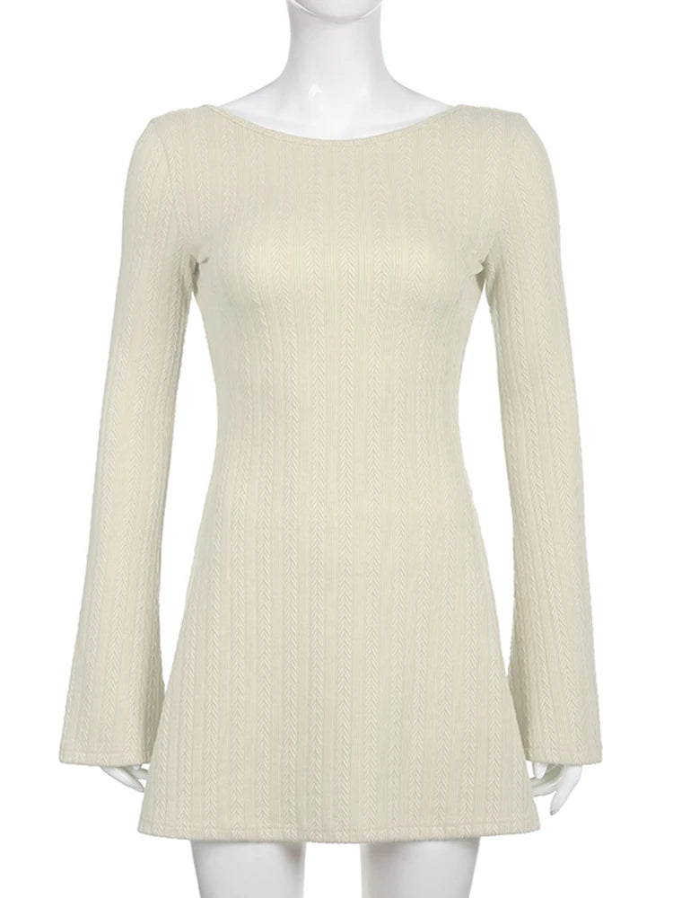 Elegant Backless Long Sleeve Mini Dress for Women - Korean Fashion Solid Bodycon Dress for Autumn - Perfect for Date Night, Party & Office Wear